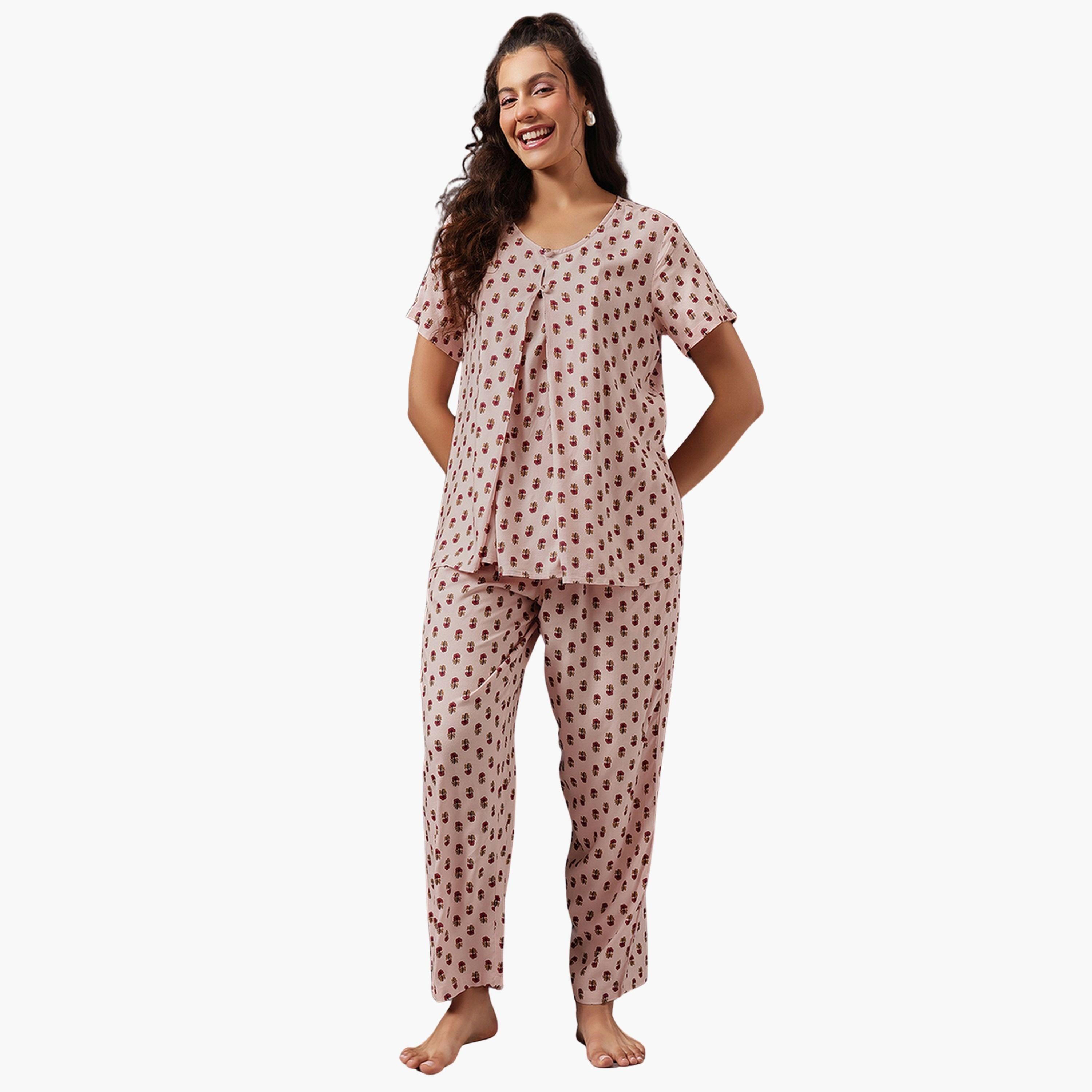 Clovia Floral Print Nursing Top and Pyjama Set-women-clothing-nightwear-pyjamas-longsets-image-1