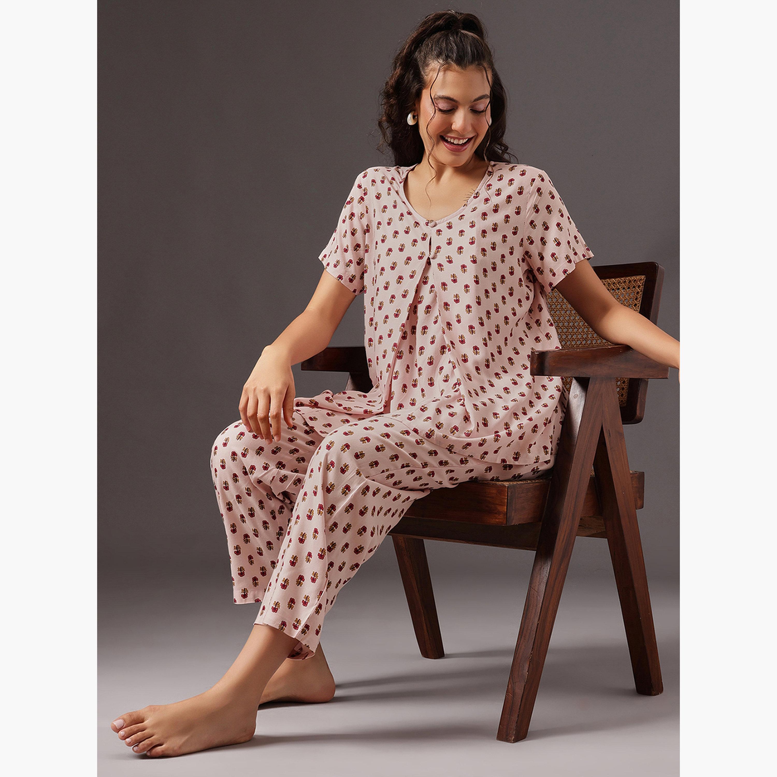 طقم بلوزة رضاعة بطبعة زهور وبنطال بيجاما-women-clothing-nightwear-pyjamas-longsets-image-2
