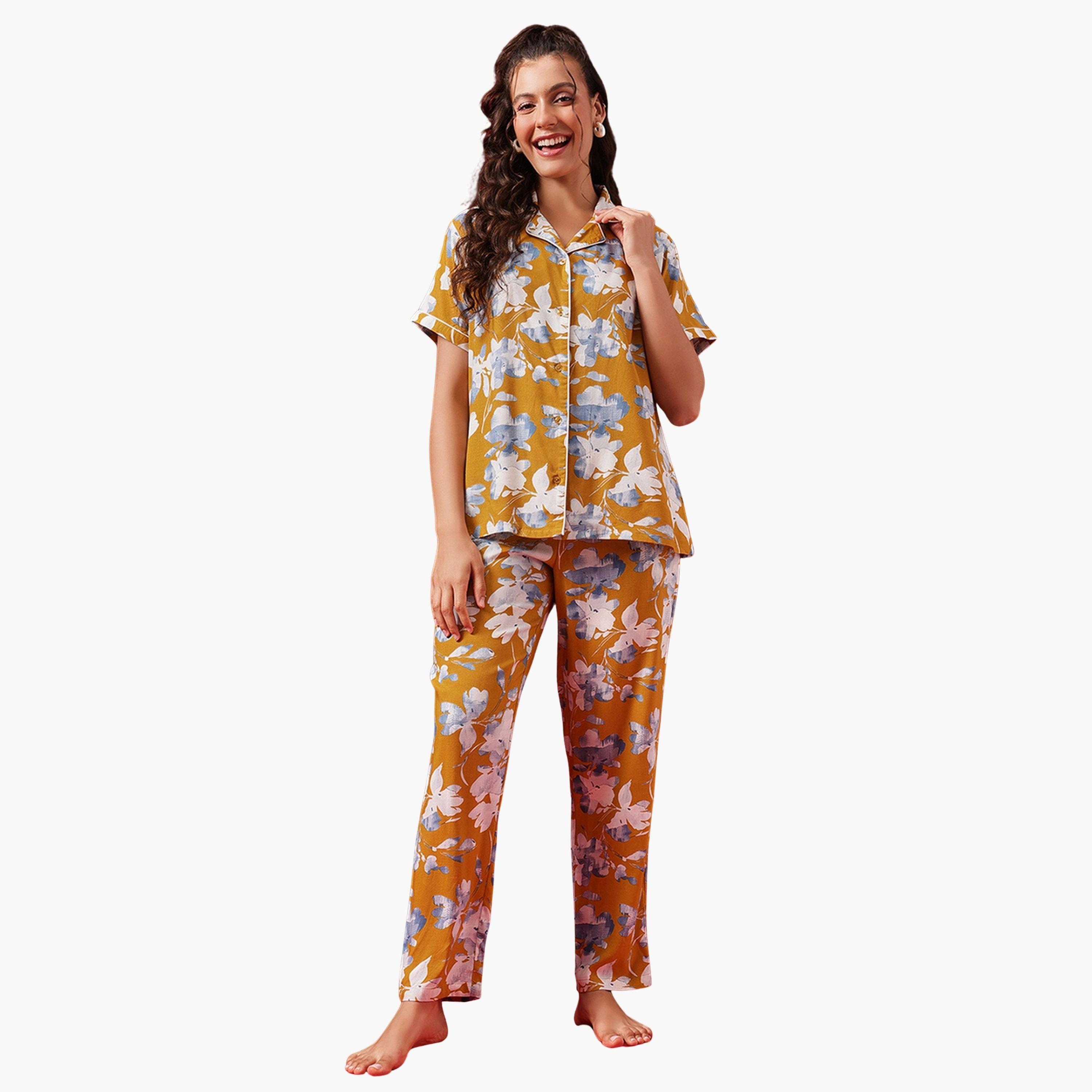 Clovia Floral Print Button Down Shirt and Pyjama Set-women-clothing-nightwear-pyjamas-longsets-image-1