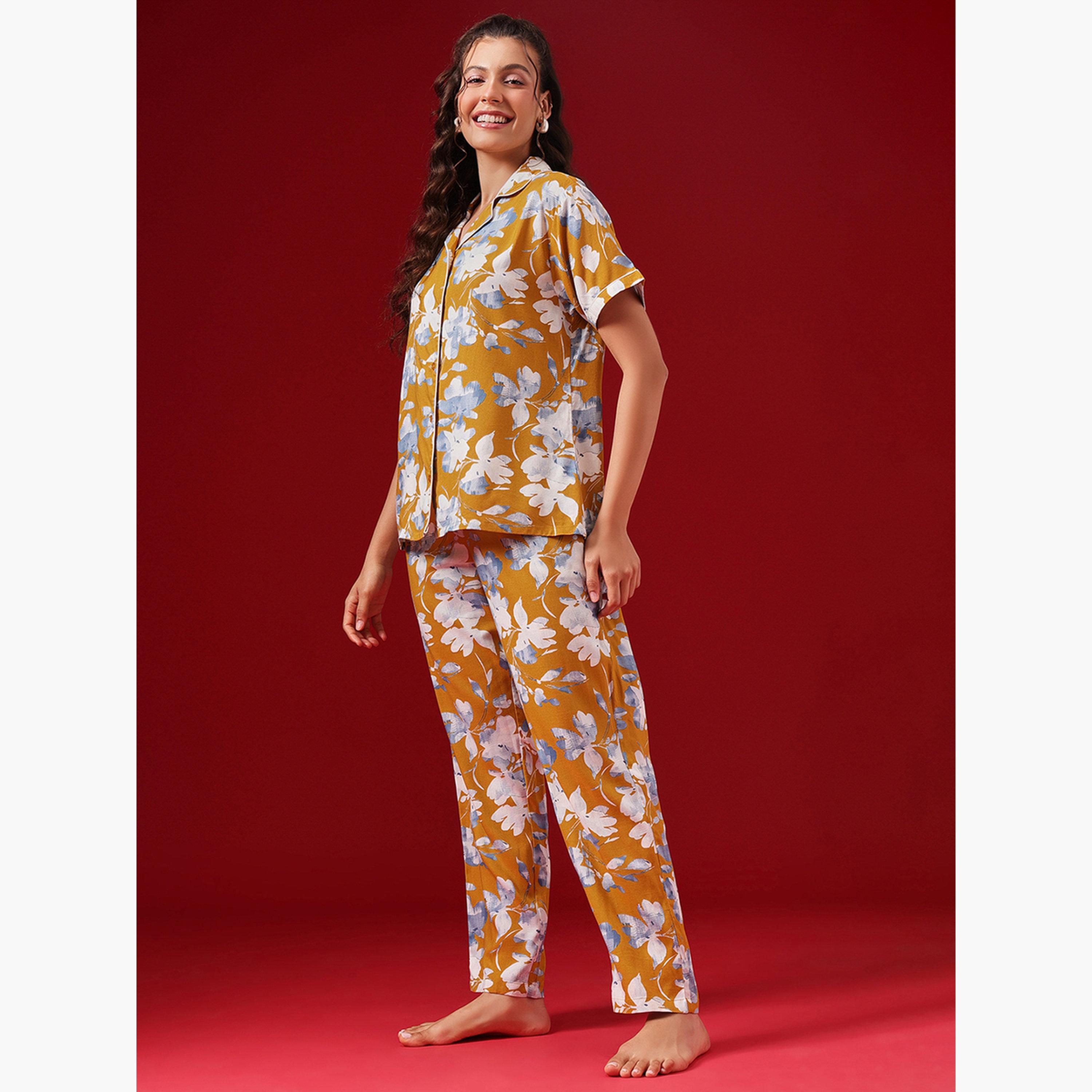 Clovia Floral Print Button Down Shirt and Pyjama Set-women-clothing-nightwear-pyjamas-longsets-image-3