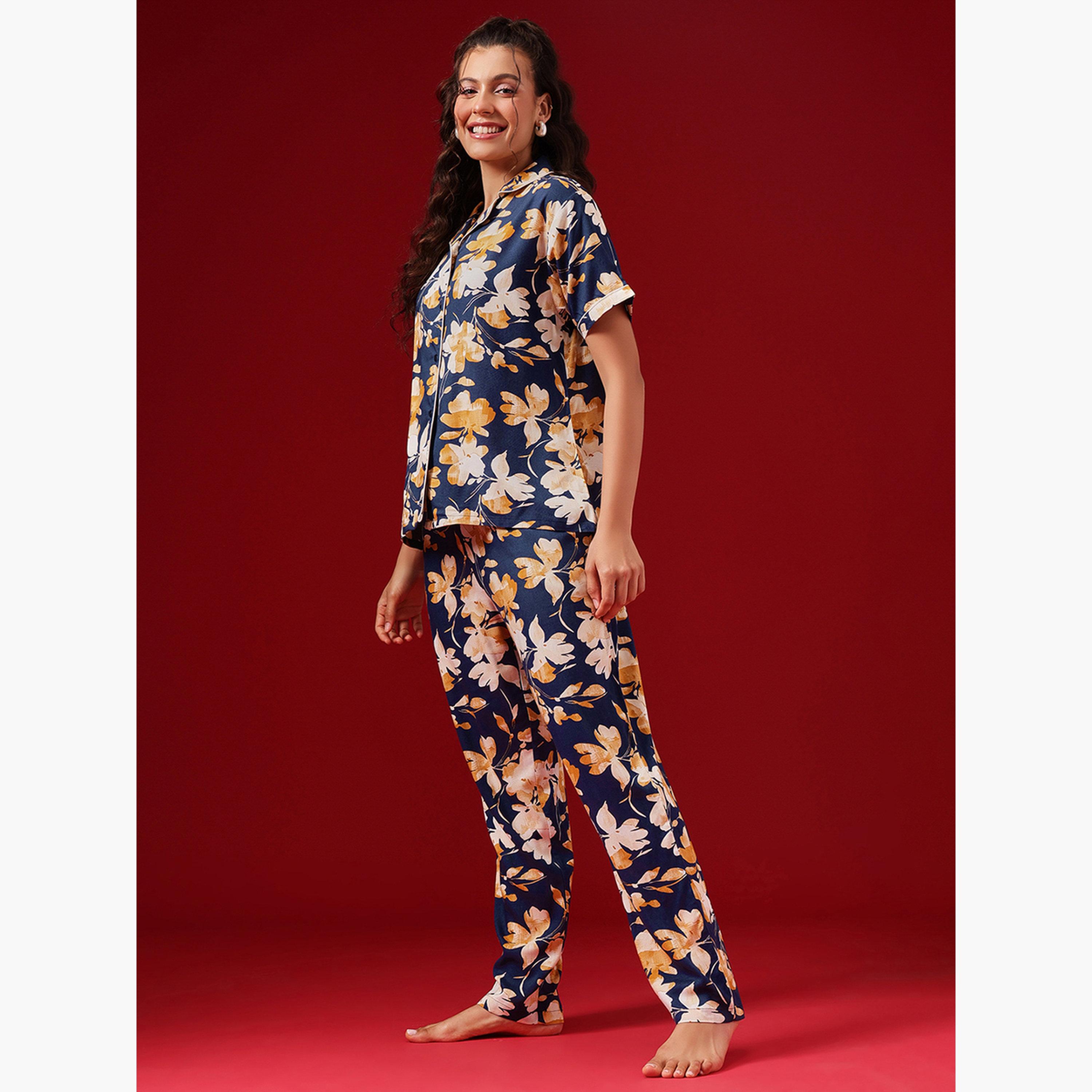 طقم قميص بأزرار وطبعة زهور وبنطال بيجاما-women-clothing-nightwear-pyjamas-longsets-image-3
