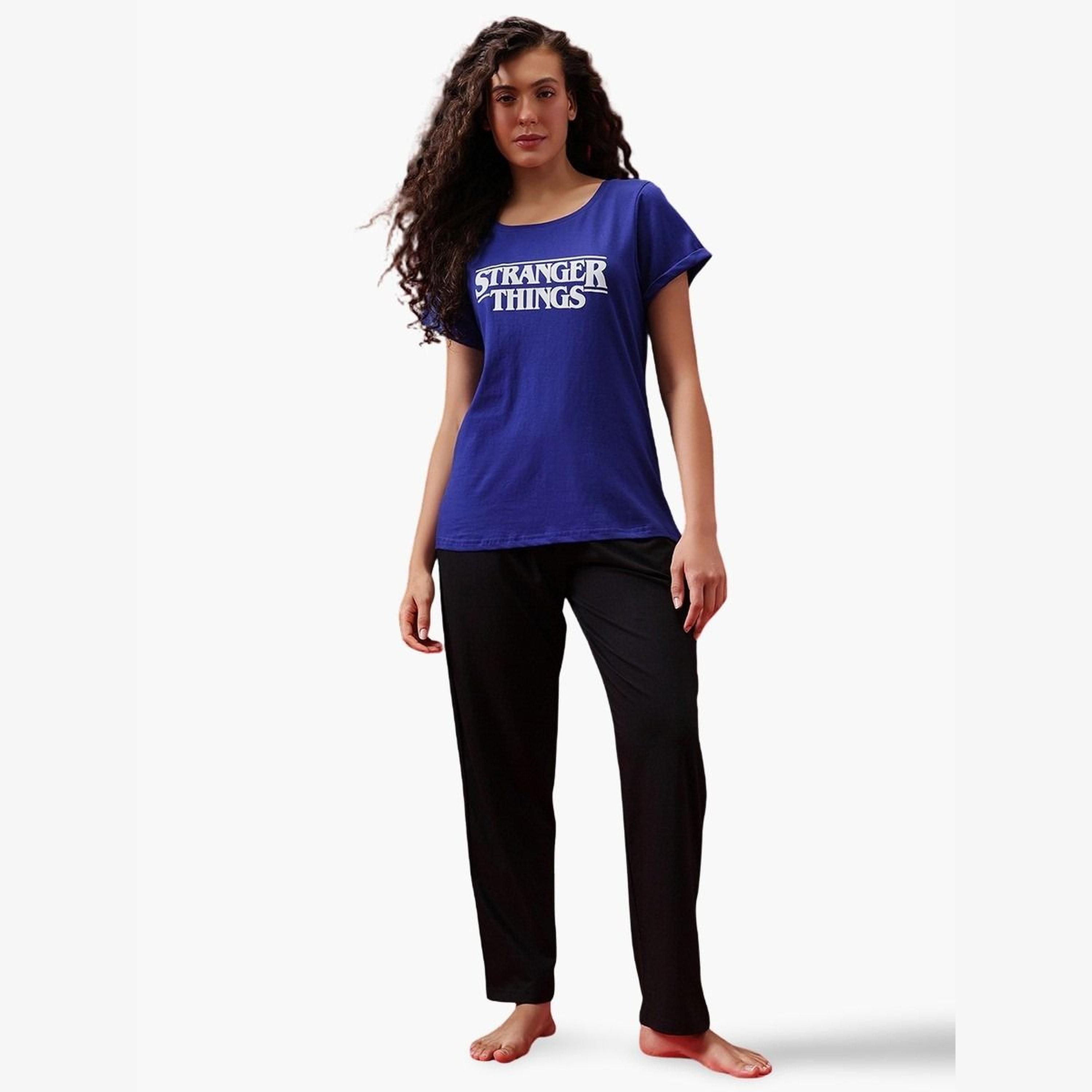 Clovia Stranger Things Text Print T-Shirt and Pyjama Set-women-clothing-nightwear-pyjamas-longsets-image-1