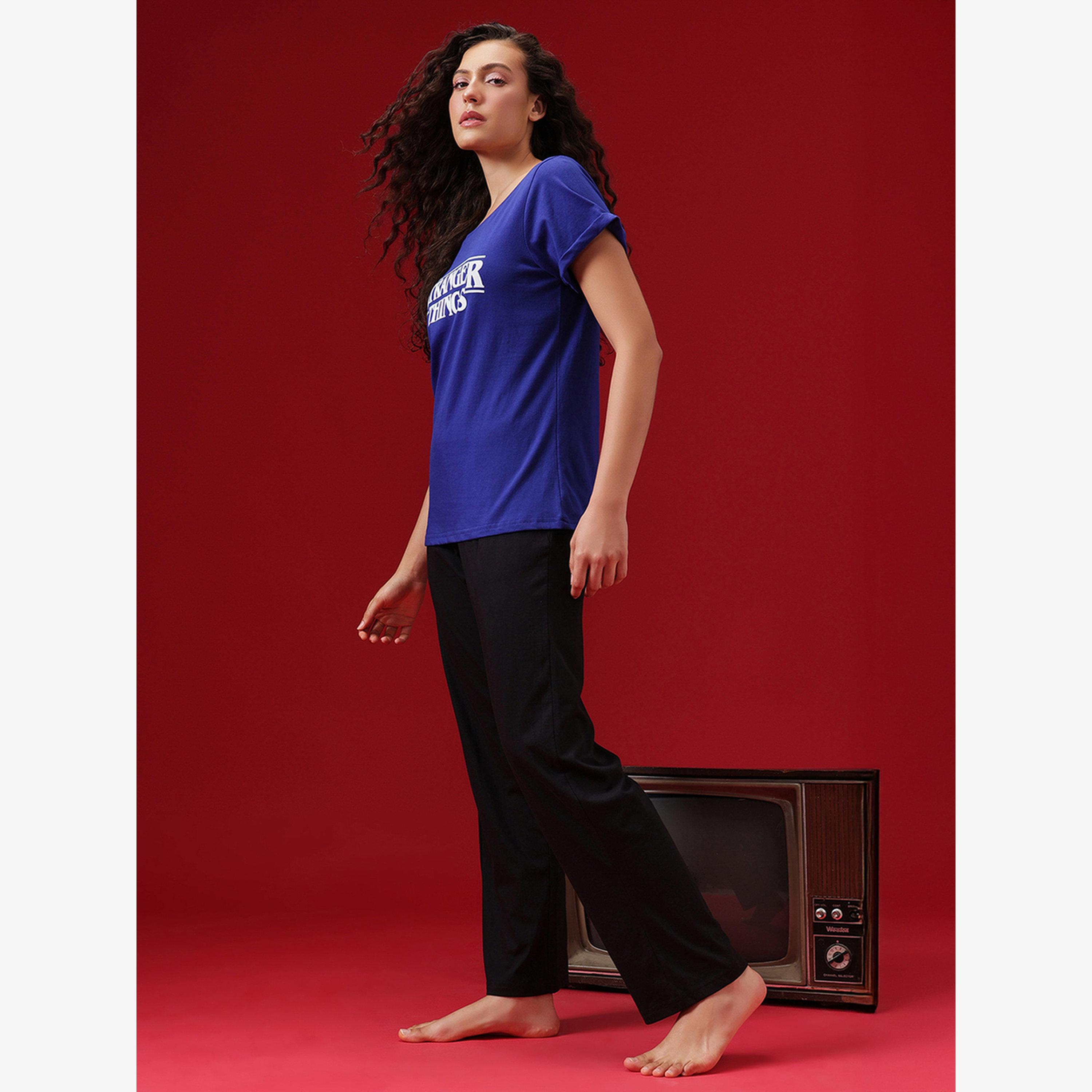 Clovia Stranger Things Text Print T-Shirt and Pyjama Set-women-clothing-nightwear-pyjamas-longsets-image-2