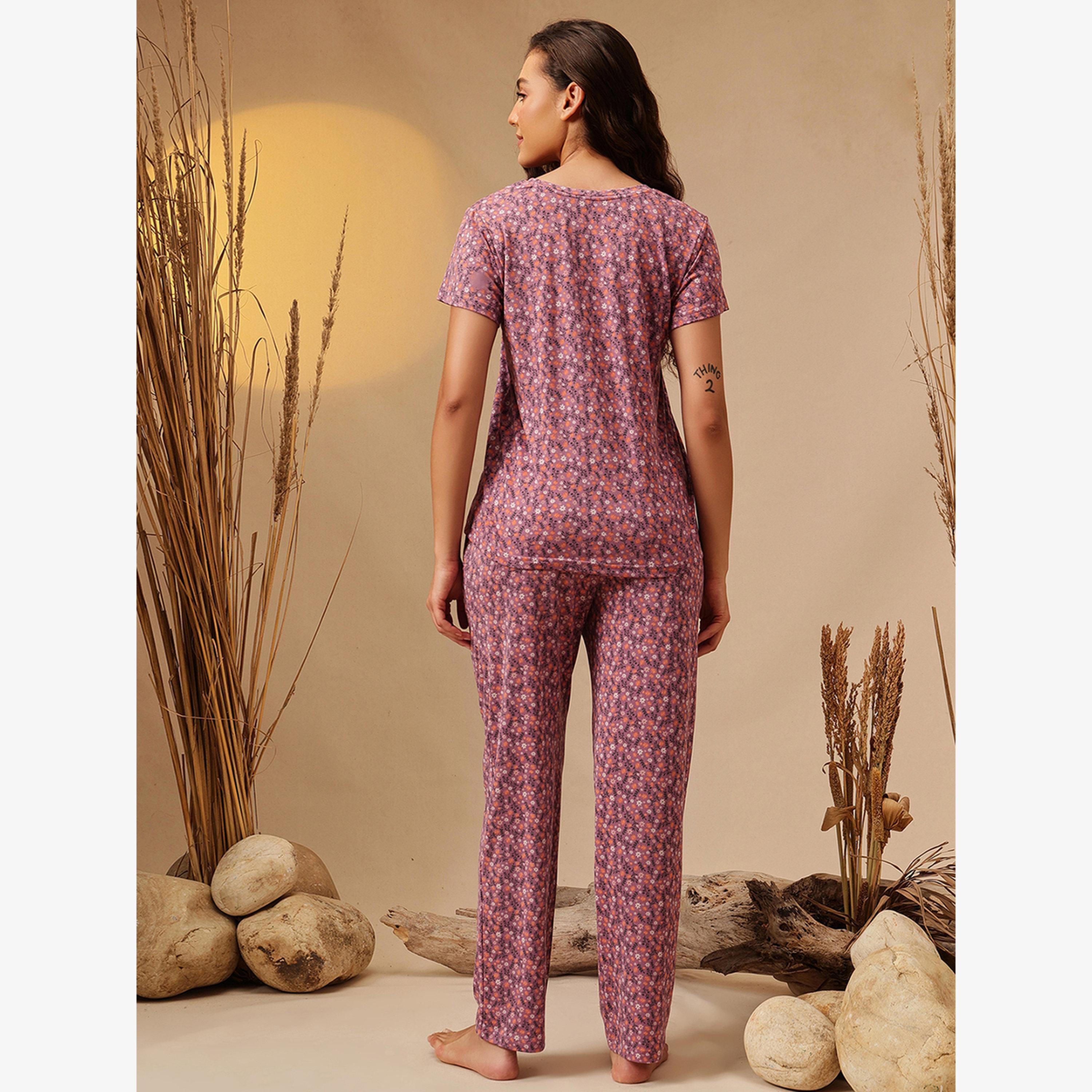 Clovia Floral Print T-Shirt and Pyjama Set-women-clothing-nightwear-pyjamas-longsets-image-4