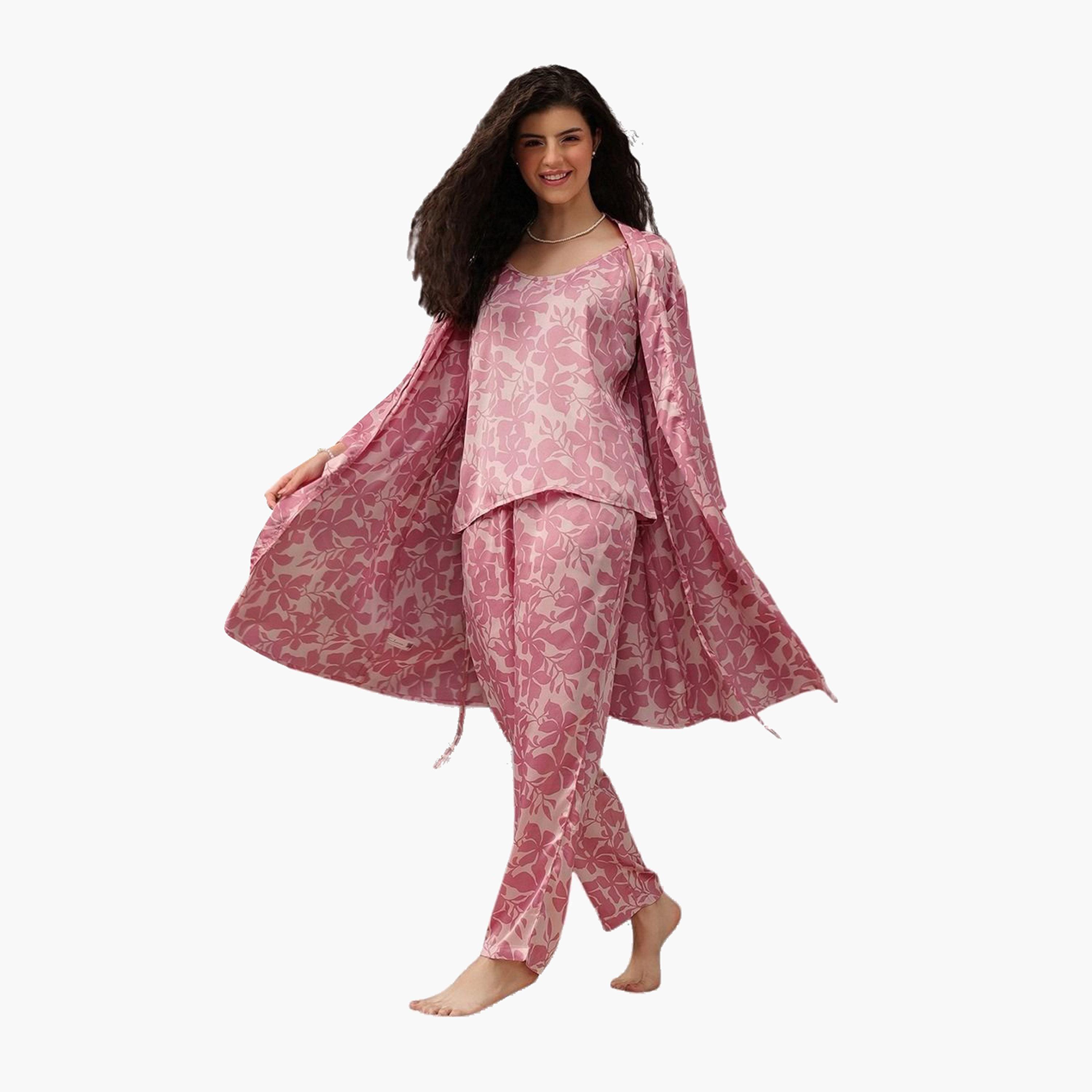 Clovia Pack of 3 - Floral Satin Cami, Robe and Pyjama-women-clothing-nightwear-pyjamas-longsets-image-1