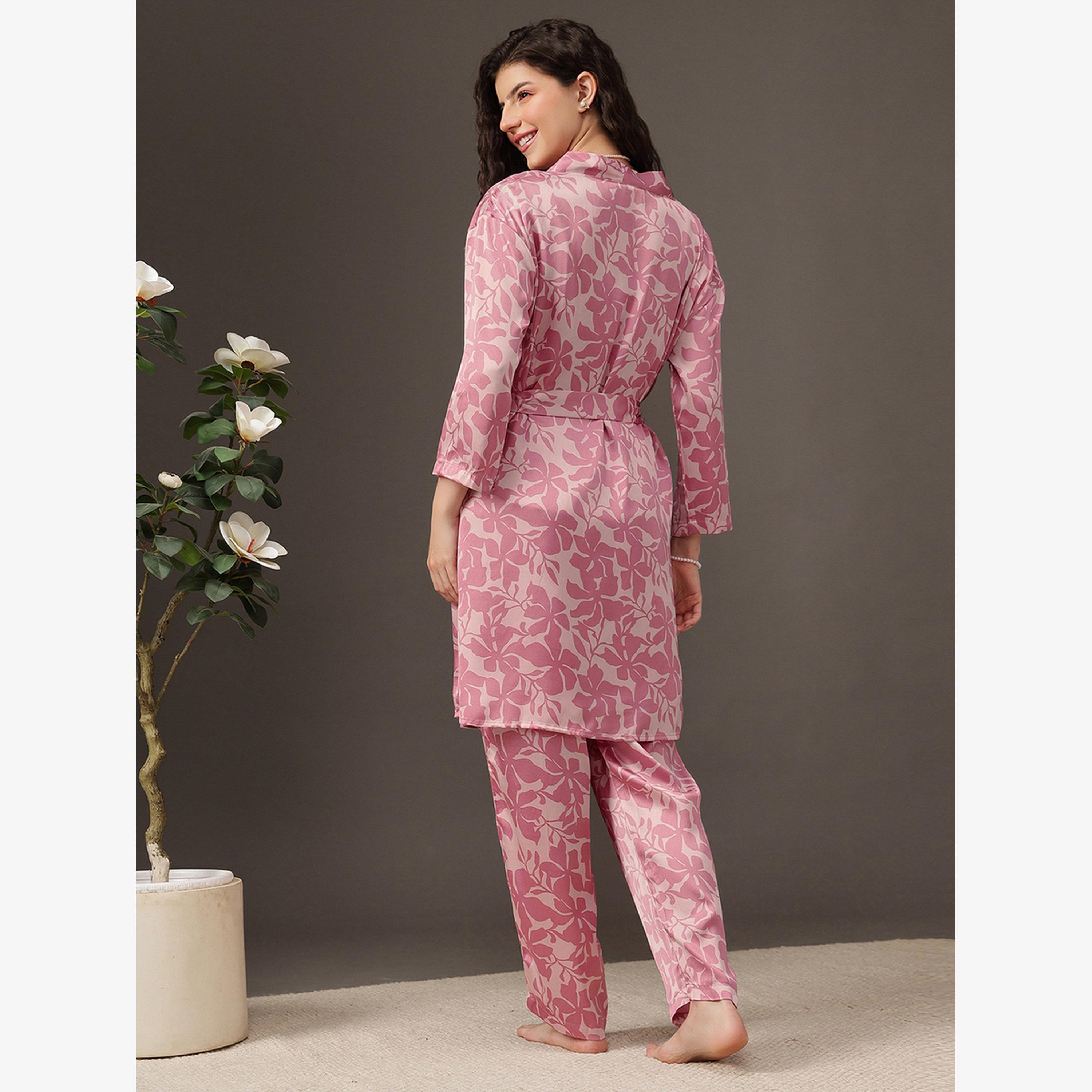 Clovia Pack of 3 - Floral Satin Cami, Robe and Pyjama-women-clothing-nightwear-pyjamas-longsets-image-4