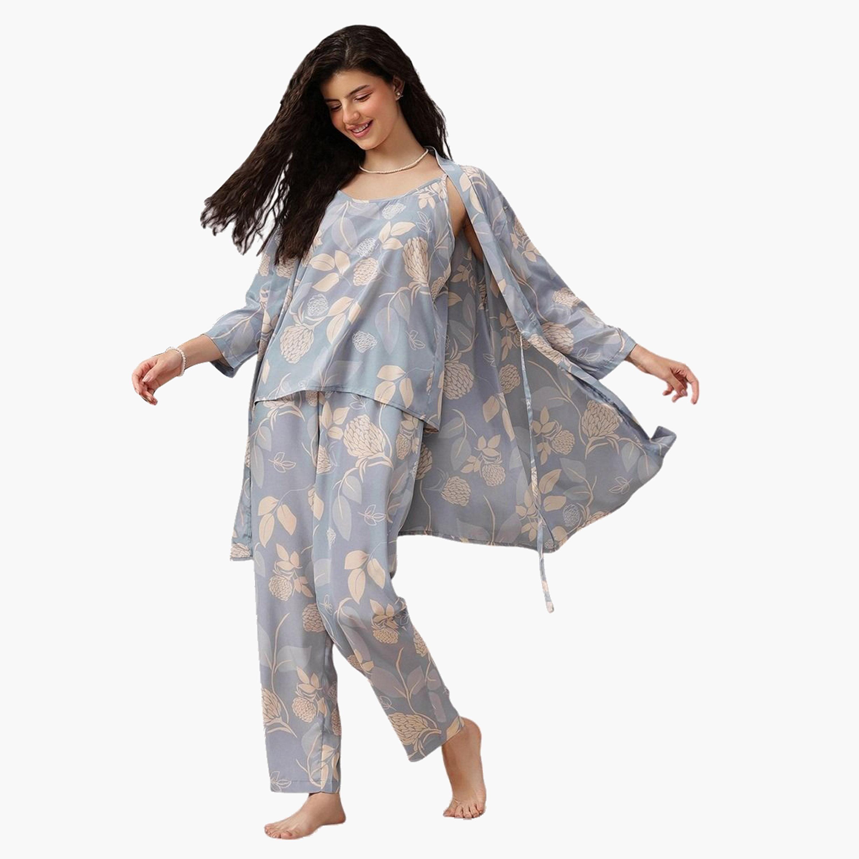 Clovia Pack of 3 - Floral Satin Cami, Robe and Pyjama-women-clothing-nightwear-pyjamas-longsets-image-1