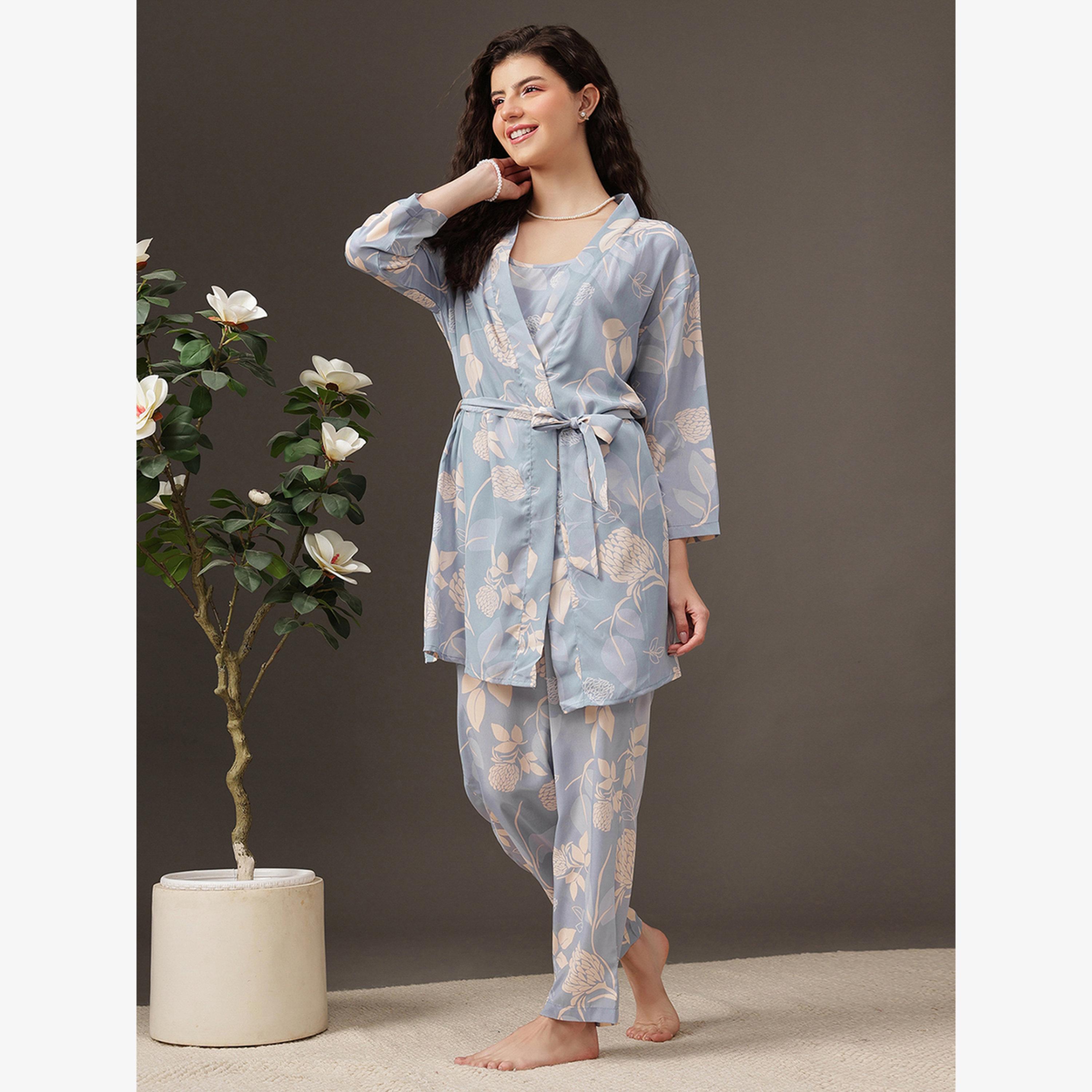 Clovia Pack of 3 - Floral Satin Cami, Robe and Pyjama-women-clothing-nightwear-pyjamas-longsets-image-2