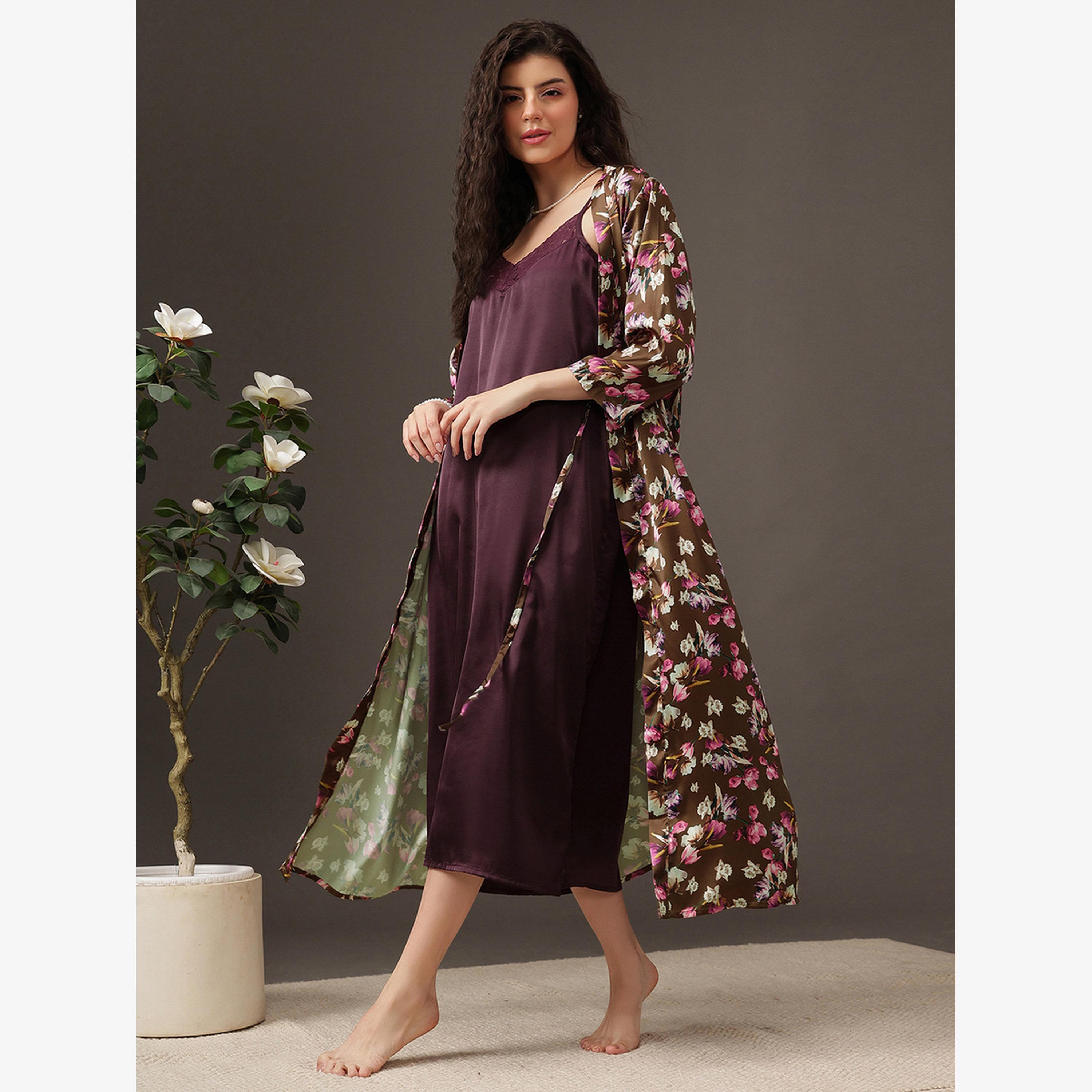Clovia Women Purple Satin Nightdress and Robe Set-women-clothing-nightwear-robes-image-6