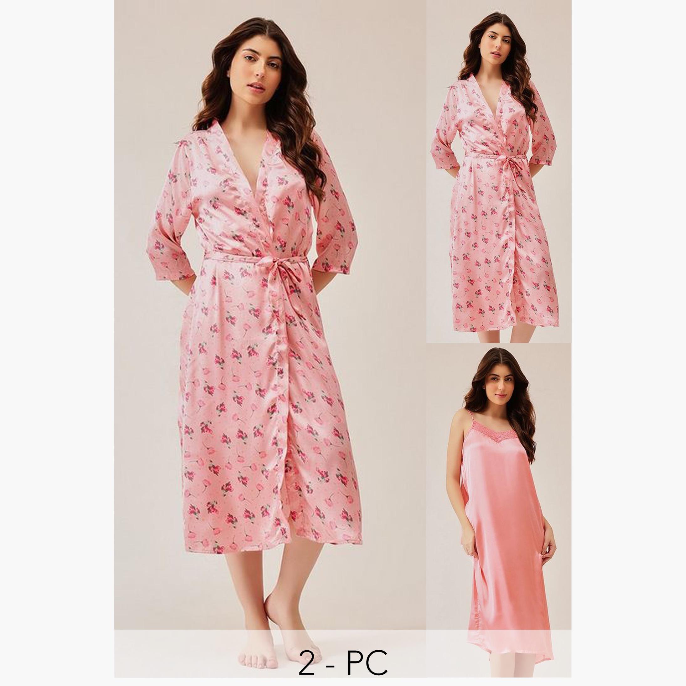 Clovia Pack of 2 - Floral Satin Robe and Slip Dress-women-clothing-nightwear-robes-image-1