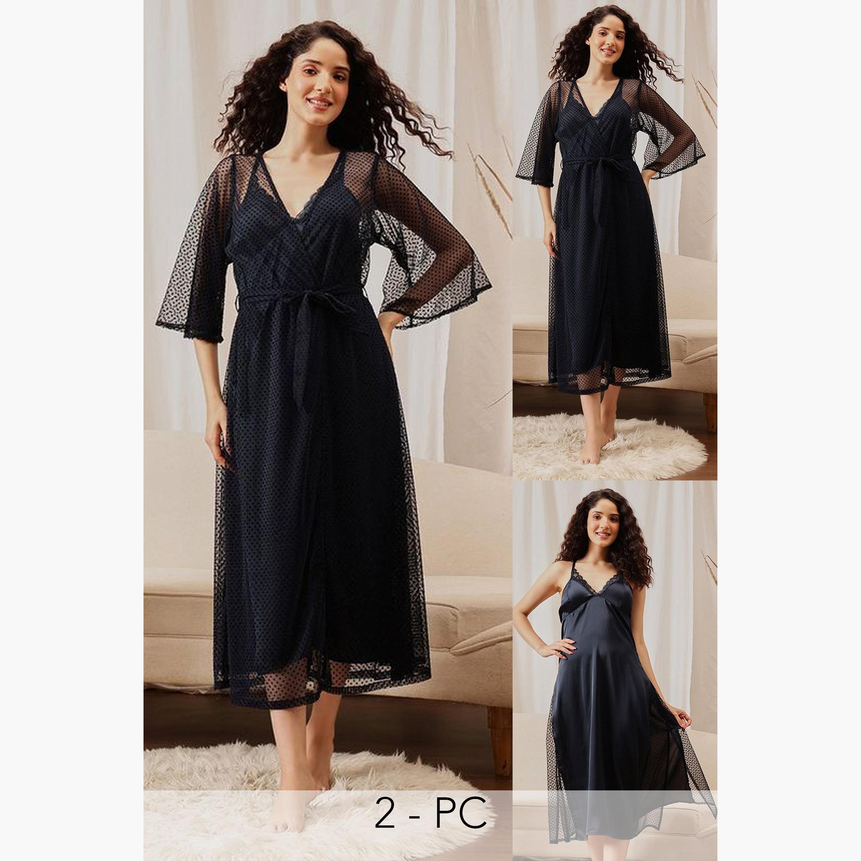 Clovia Pack of 2 - Lace Trim Satin Robe and Slip Dress-women-clothing-nightwear-robes-image-1