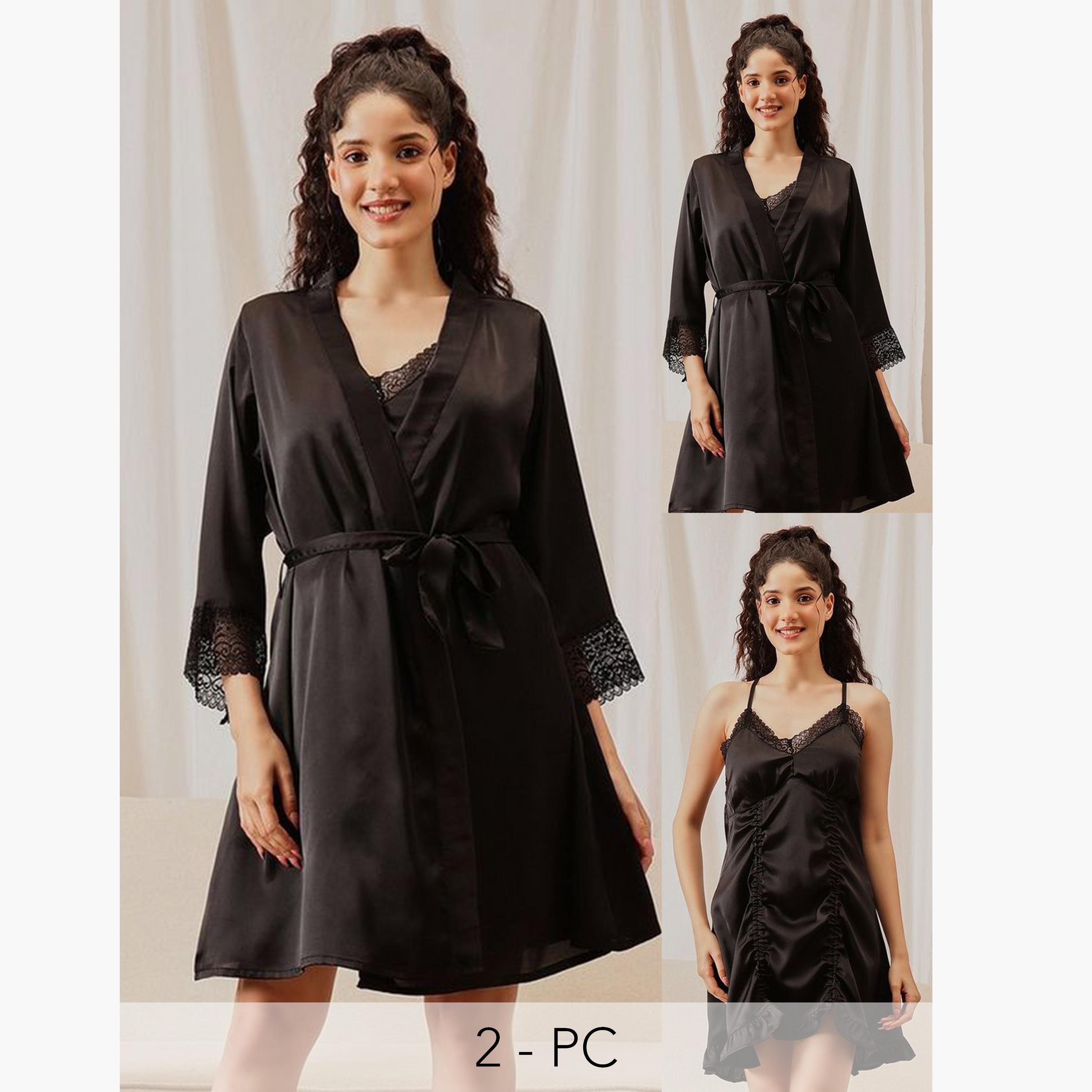 Clovia Women Black Padded Satin Nightdress with Robe Set-women-clothing-nightwear-robes-image-1