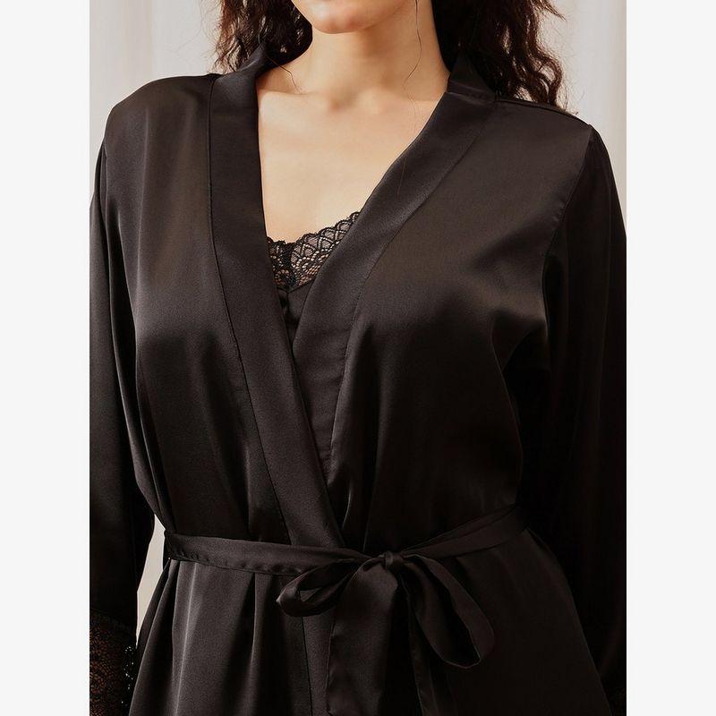 Clovia Women Black Padded Satin Nightdress with Robe Set-women-clothing-nightwear-robes-image-2
