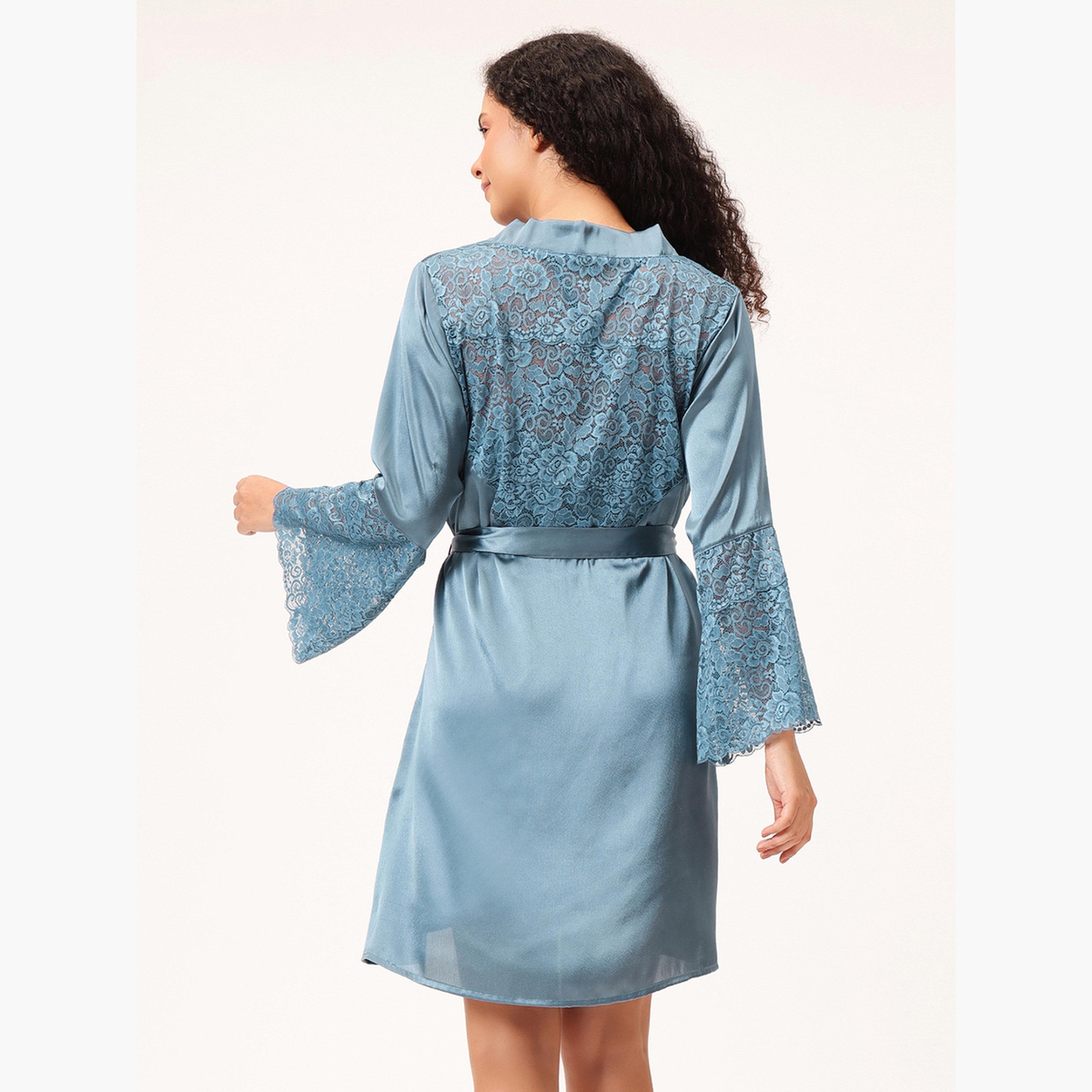 Clovia Women Blue Pink Lace Trim Satin Robe-women-clothing-nightwear-robes-image-2