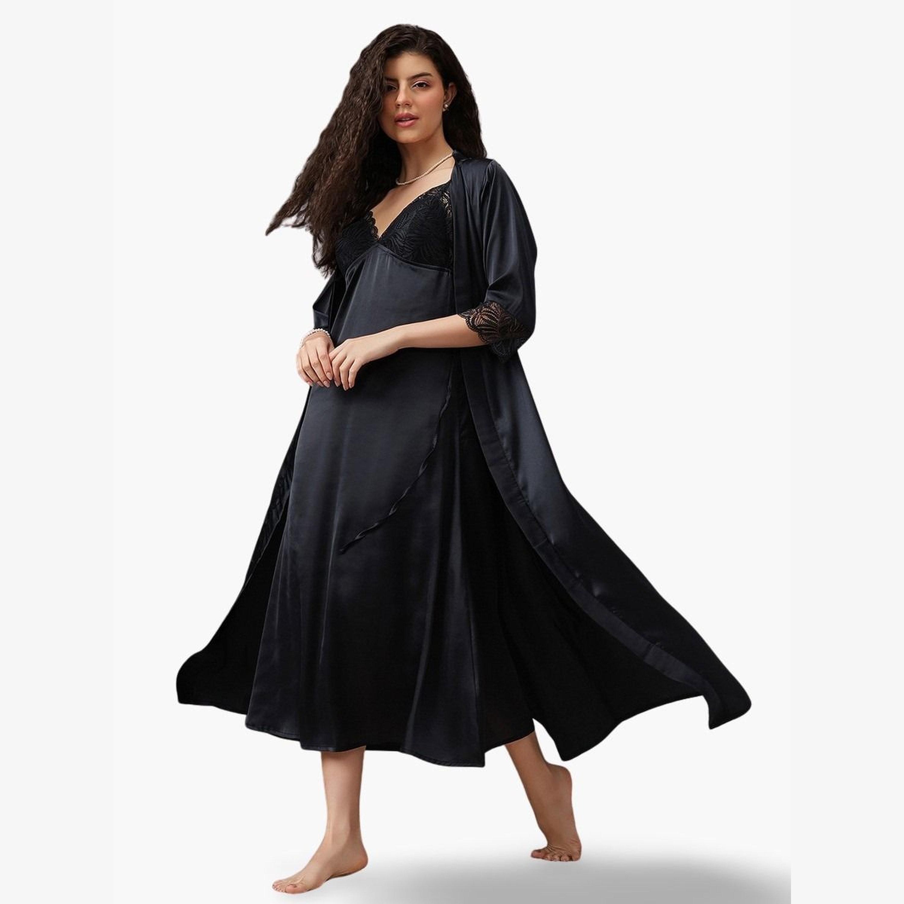 Clovia Women Black Satin Nightdress with Robe Set-women-clothing-nightwear-robes-image-1