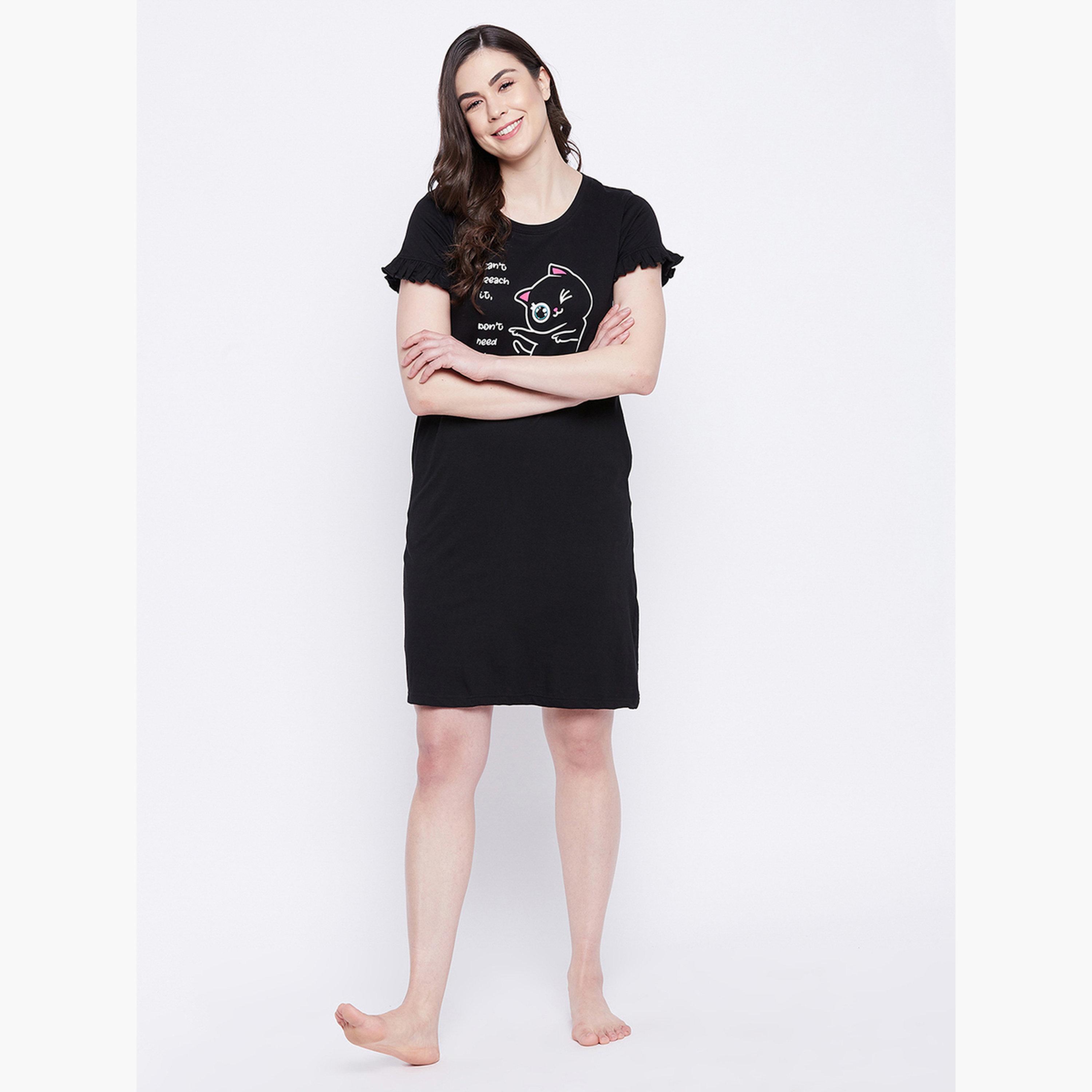 Clovia Women Black Graphic Print Cotton Nightdress-women-clothing-nightwear-nighties-image-2