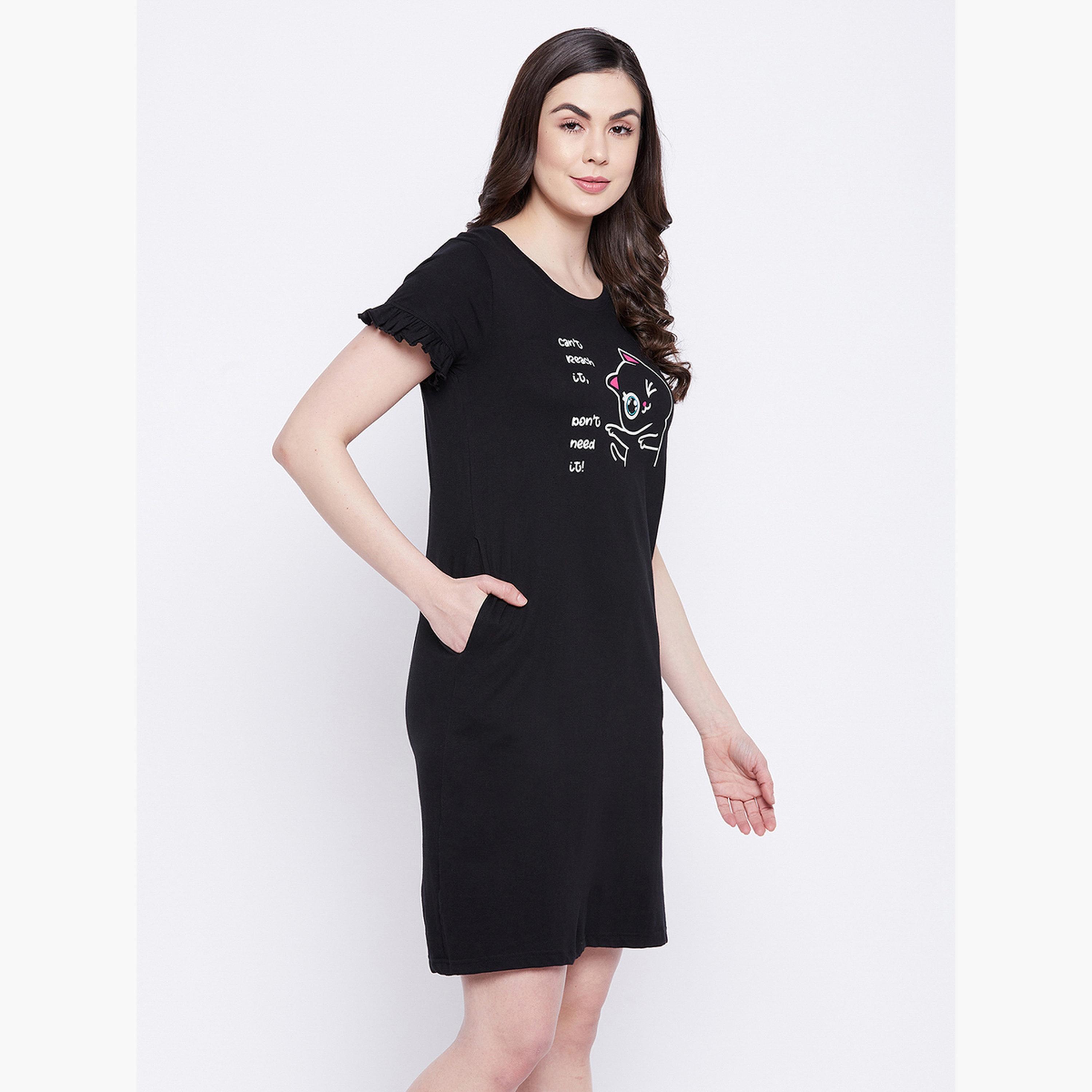 Clovia Women Black Graphic Print Cotton Nightdress-women-clothing-nightwear-nighties-image-4