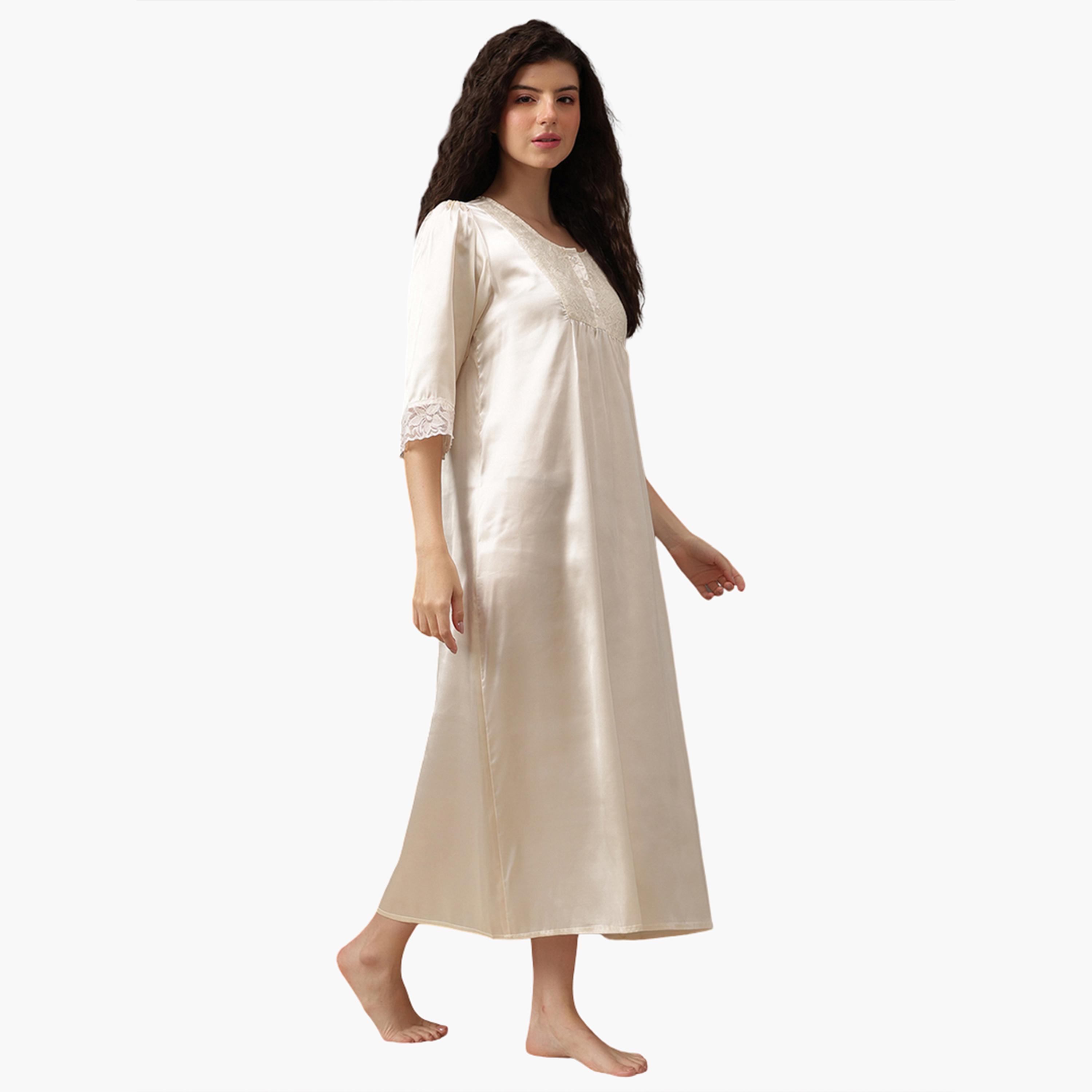 Clovia Women White Satin Nightdress with Lace Trim-women-clothing-nightwear-nighties-image-1