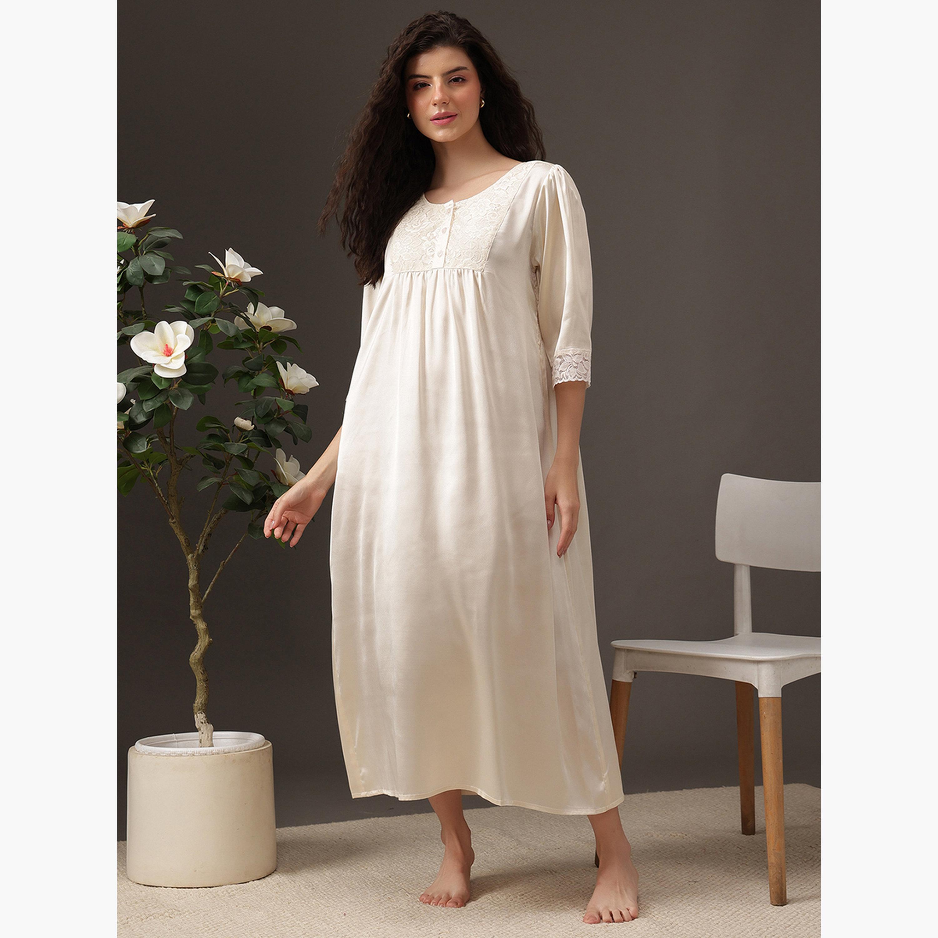 Clovia Women White Satin Nightdress with Lace Trim-women-clothing-nightwear-nighties-image-2