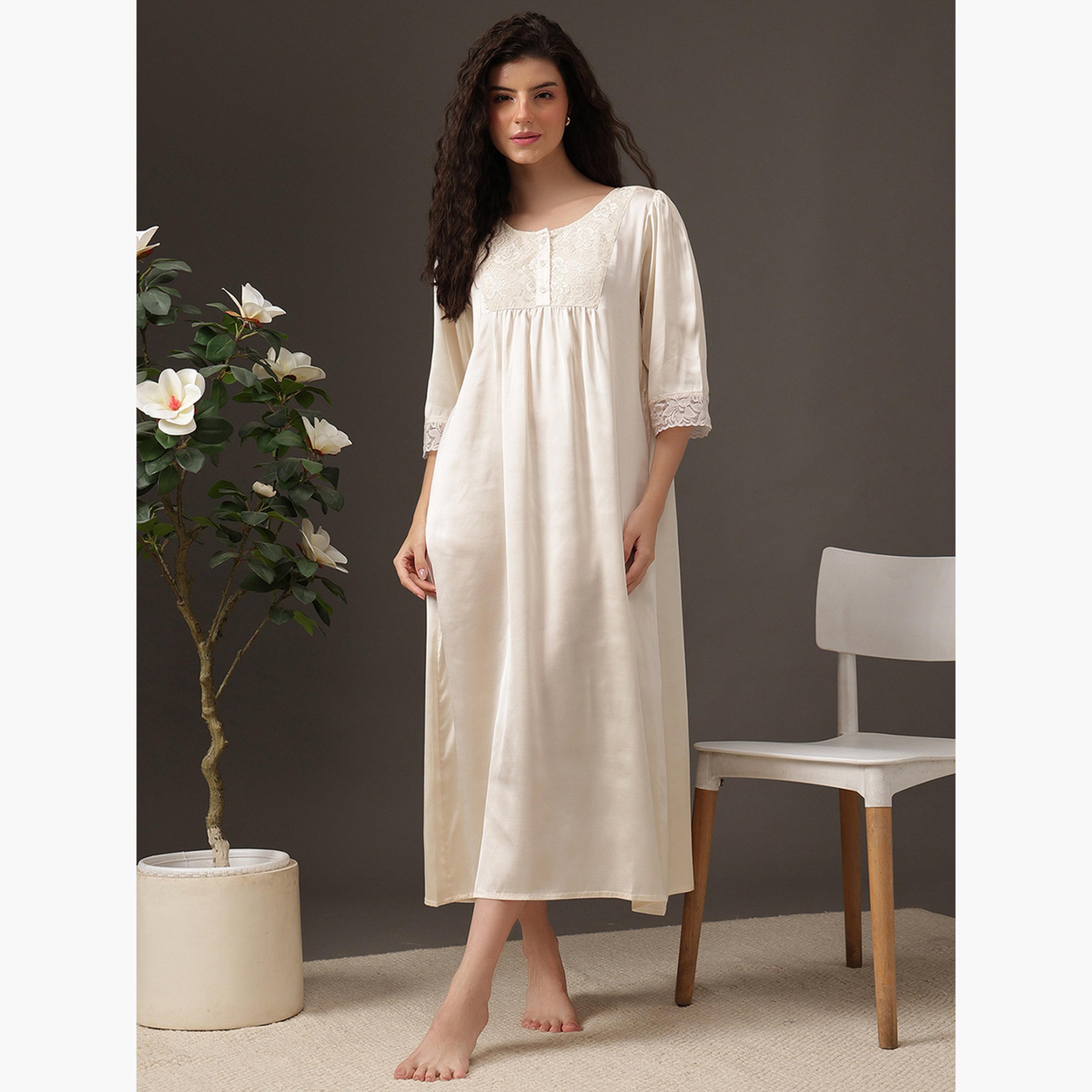 Clovia Women White Satin Nightdress with Lace Trim-women-clothing-nightwear-nighties-image-3