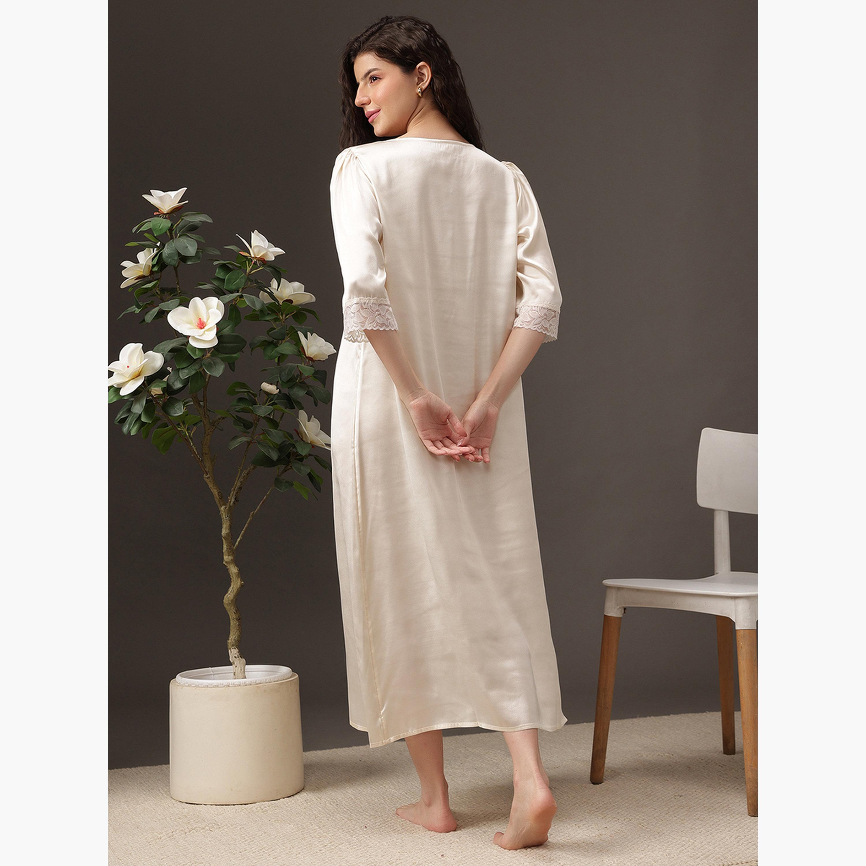 Clovia Women White Satin Nightdress with Lace Trim-women-clothing-nightwear-nighties-image-4