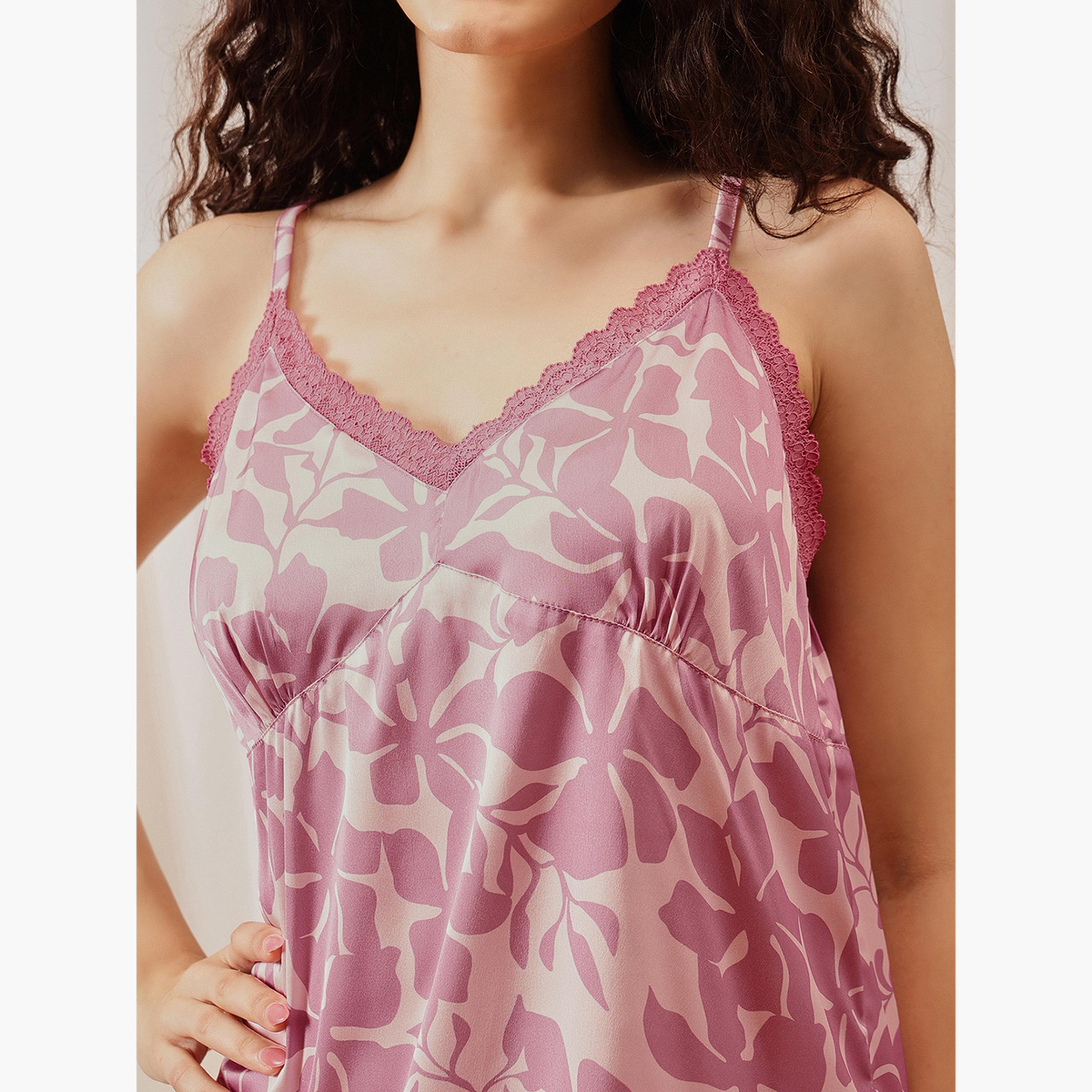 Clovia Women Pink Floral Print Satin Nightdress-women-clothing-nightwear-nighties-image-6