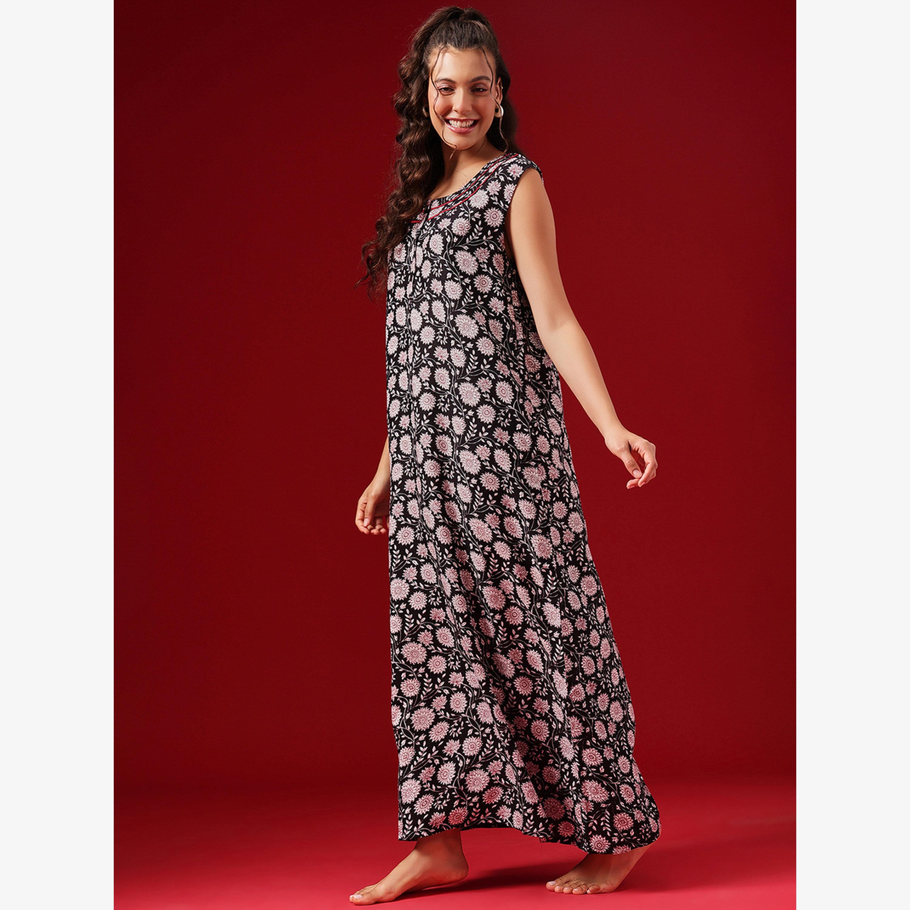 Clovia Women Floral Print Rayon Sleeveless Nightdress-women-clothing-nightwear-nighties-image-2