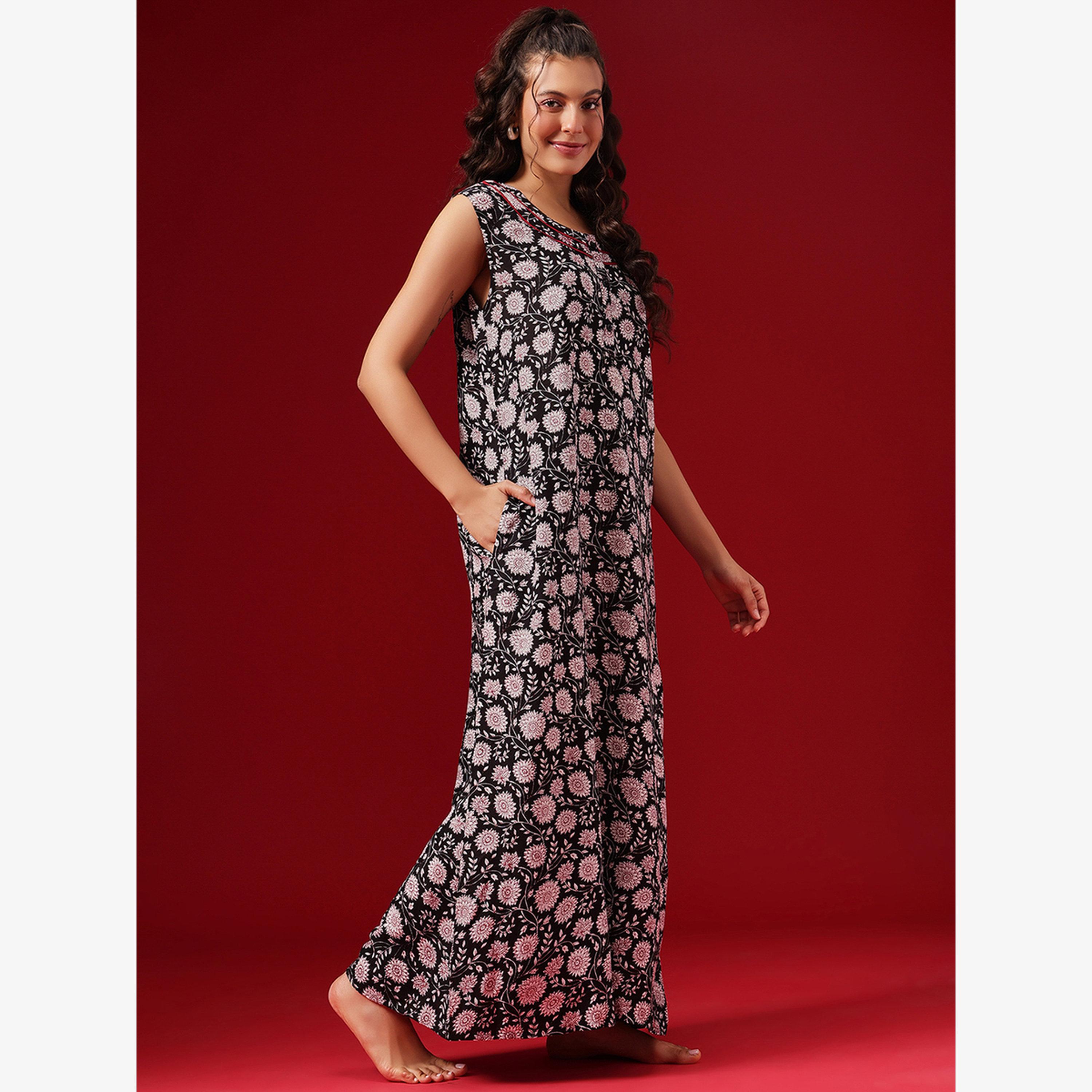 Clovia Women Floral Print Rayon Sleeveless Nightdress-women-clothing-nightwear-nighties-image-3