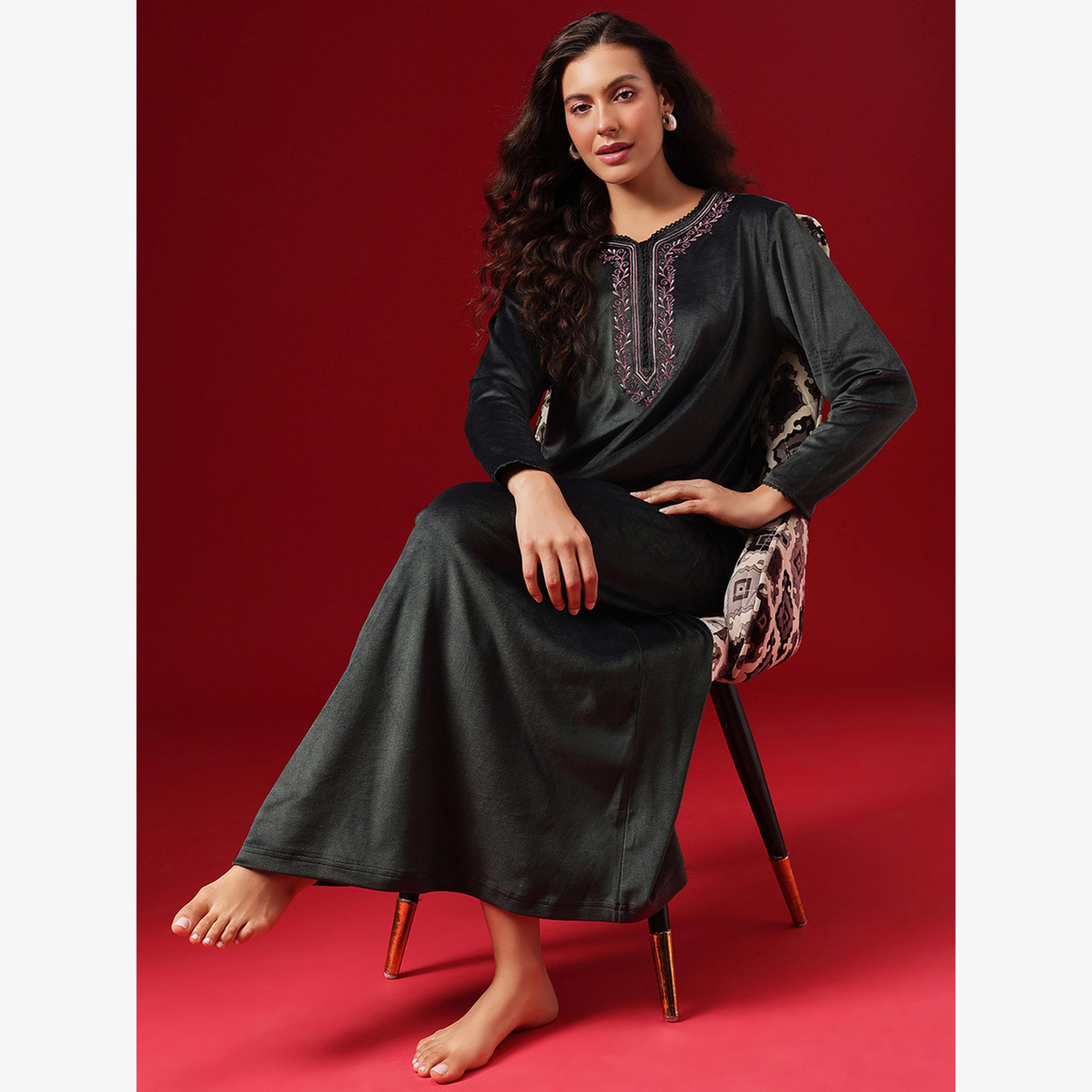 Clovia Velour V Neck Nightdress-women-clothing-nightwear-nighties-image-2