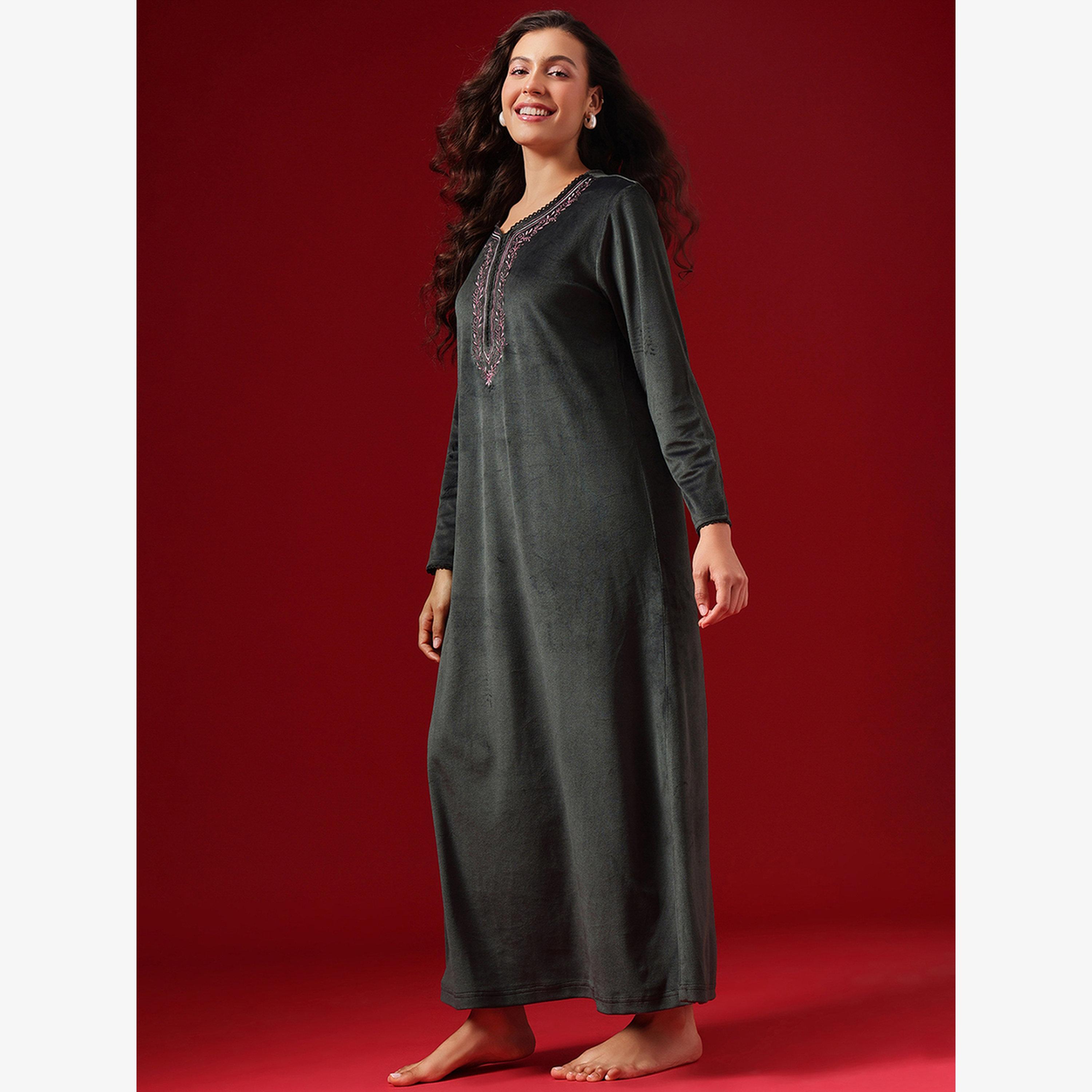 Clovia Velour V Neck Nightdress-women-clothing-nightwear-nighties-image-3
