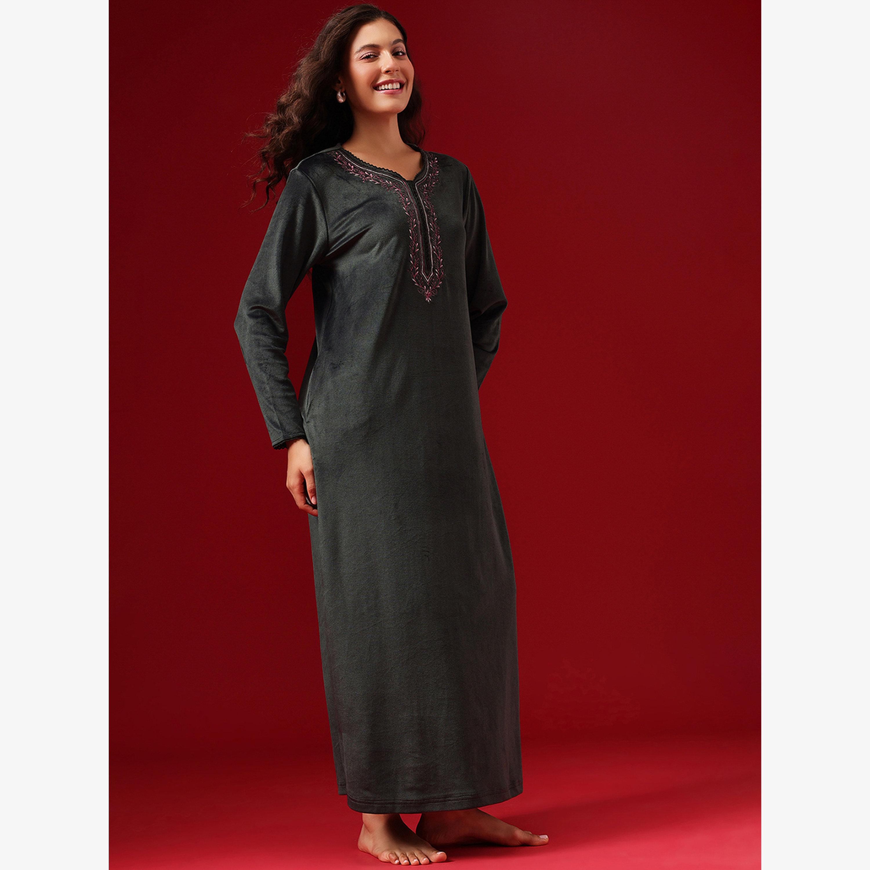 Clovia Velour V Neck Nightdress-women-clothing-nightwear-nighties-image-4