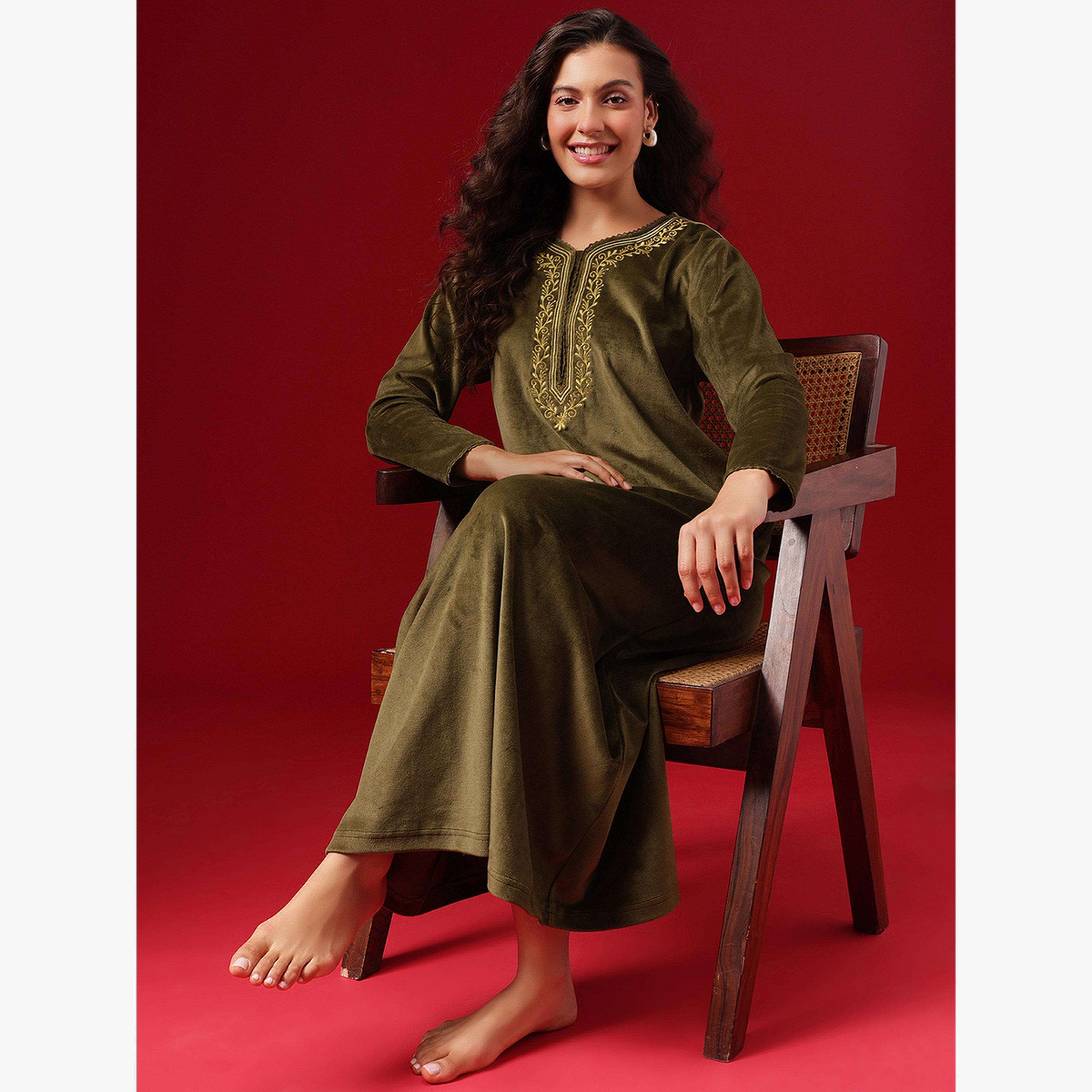 Clovia Women Olive Green Velvet Look Nightdress-women-clothing-nightwear-nighties-image-2