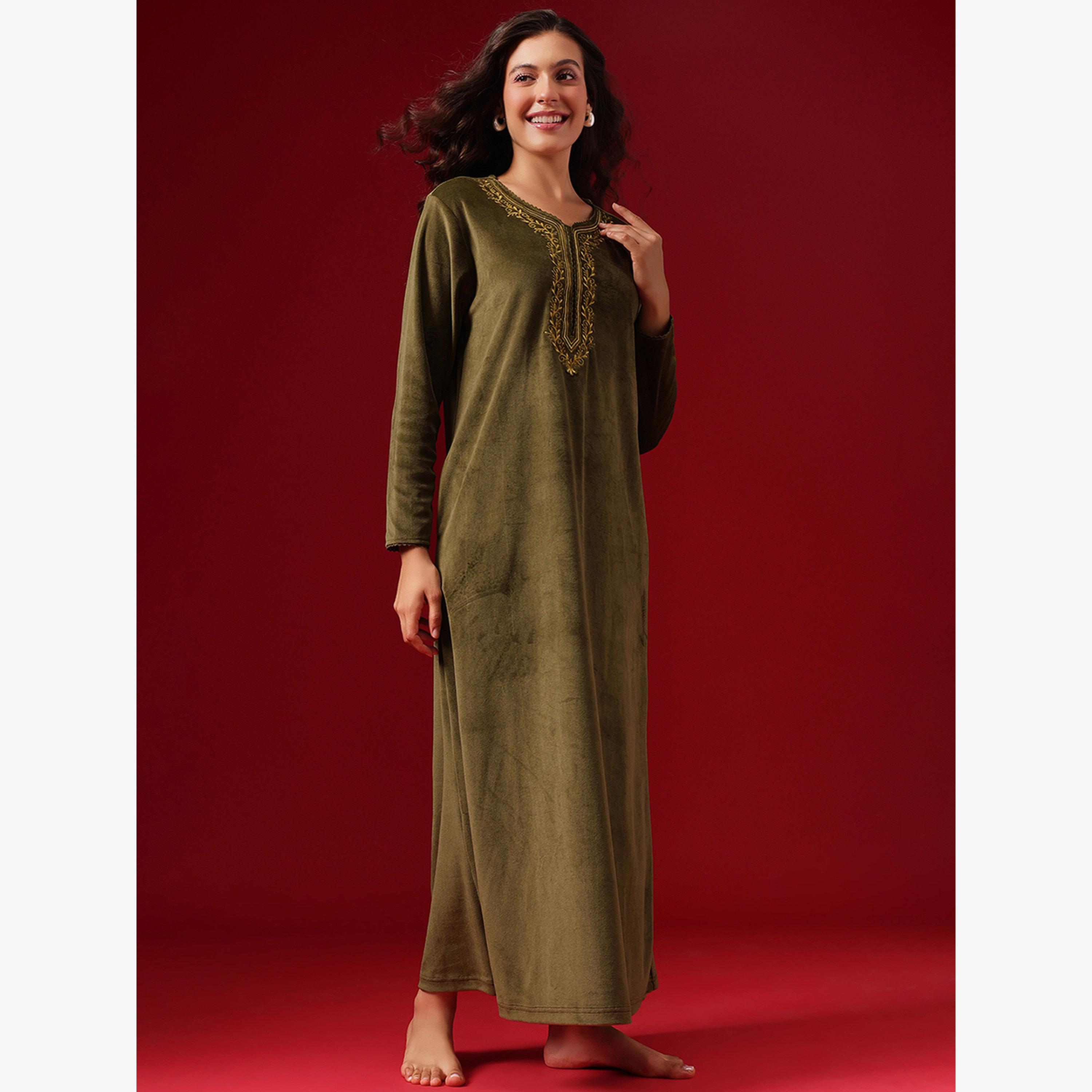 Clovia Women Olive Green Velvet Look Nightdress-women-clothing-nightwear-nighties-image-3