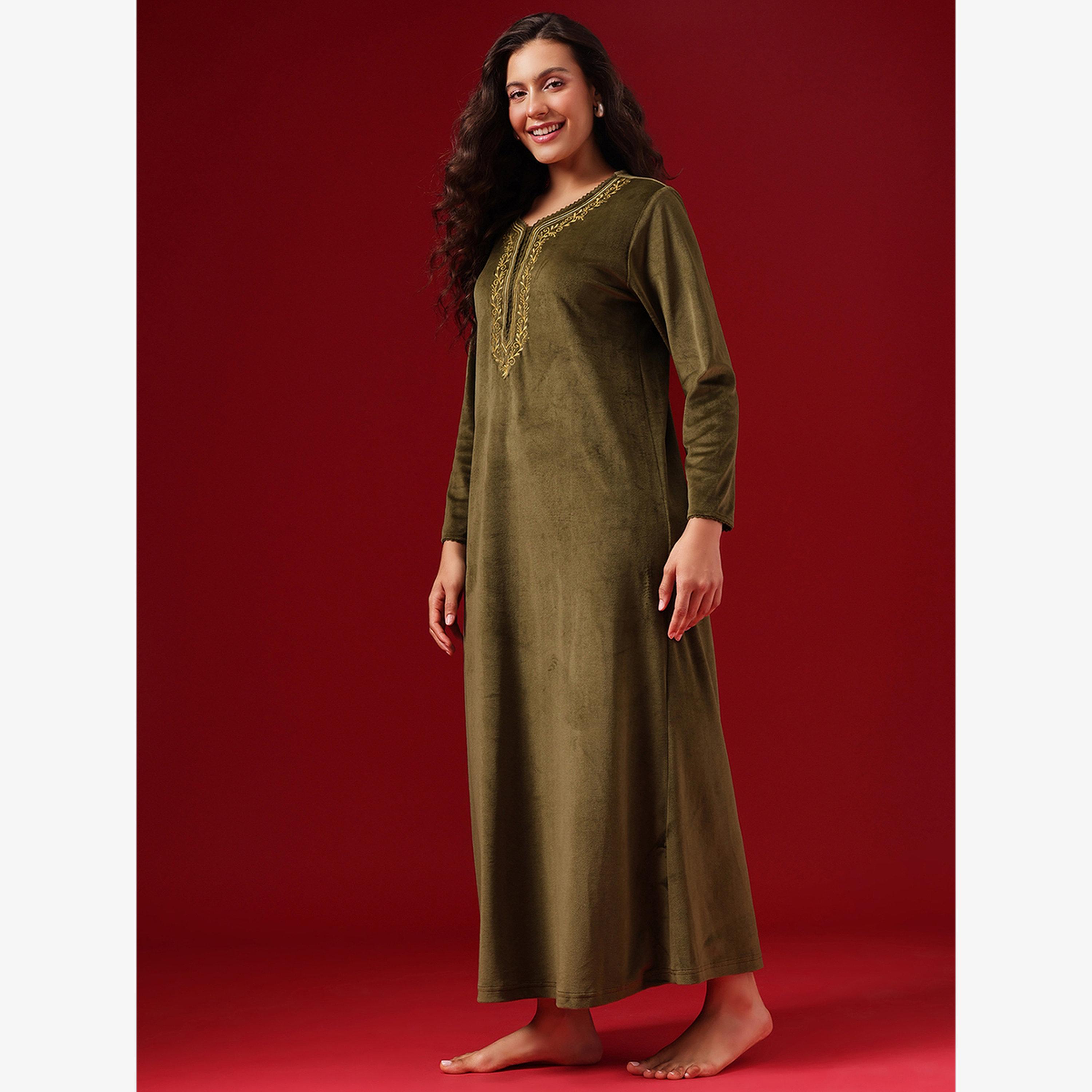 Clovia Women Olive Green Velvet Look Nightdress-women-clothing-nightwear-nighties-image-4