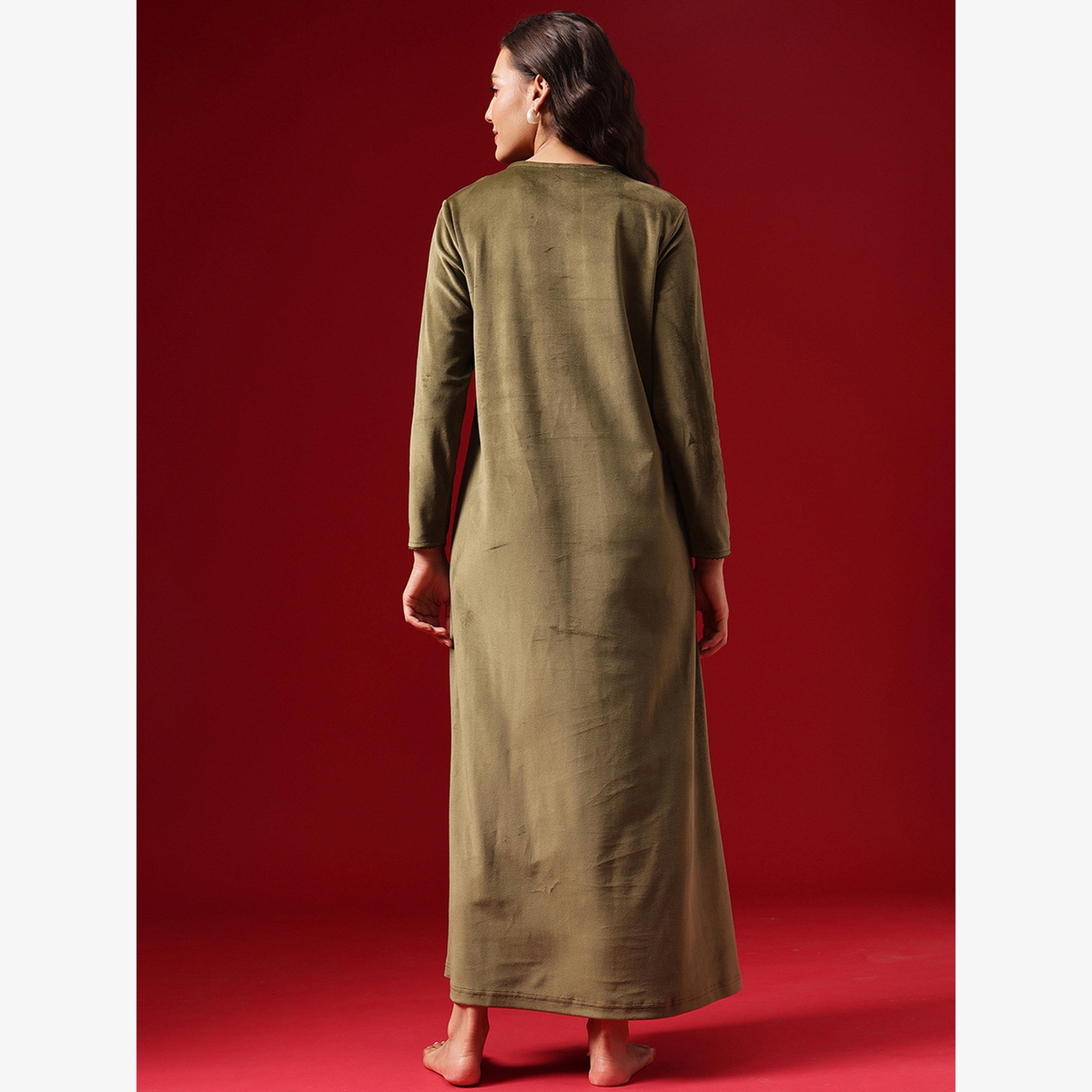 Clovia Women Olive Green Velvet Look Nightdress-women-clothing-nightwear-nighties-image-5