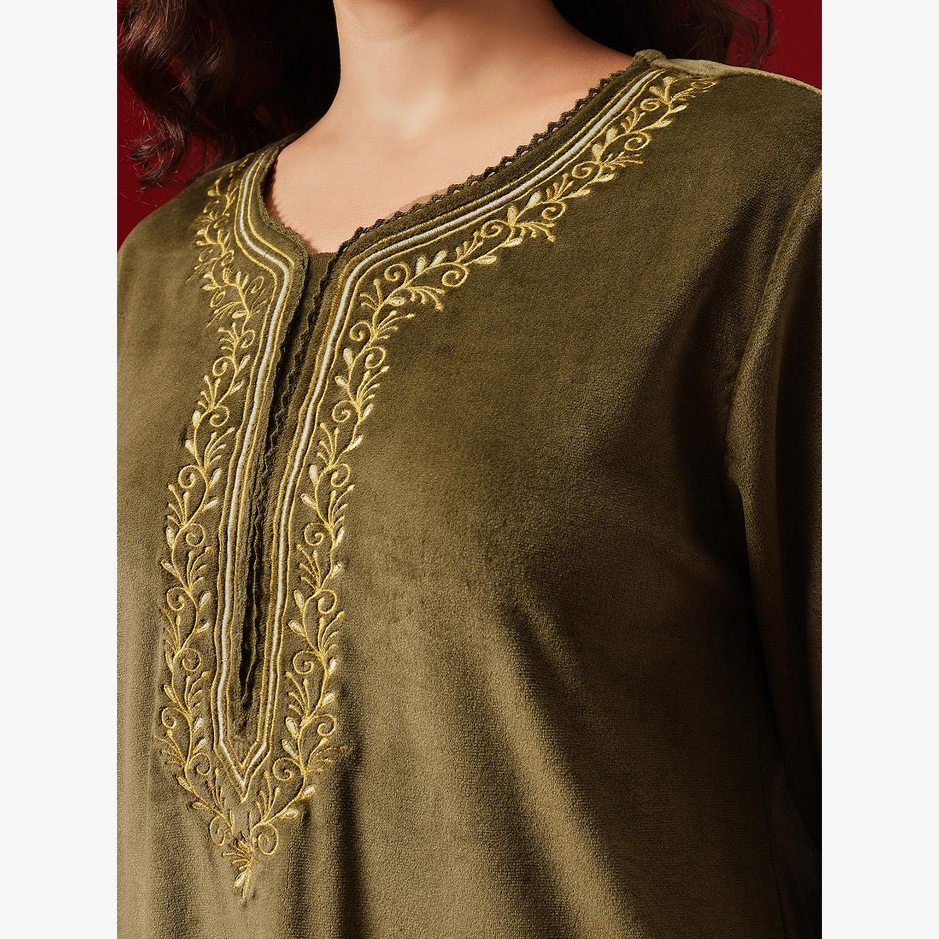 Clovia Women Olive Green Velvet Look Nightdress-women-clothing-nightwear-nighties-image-6