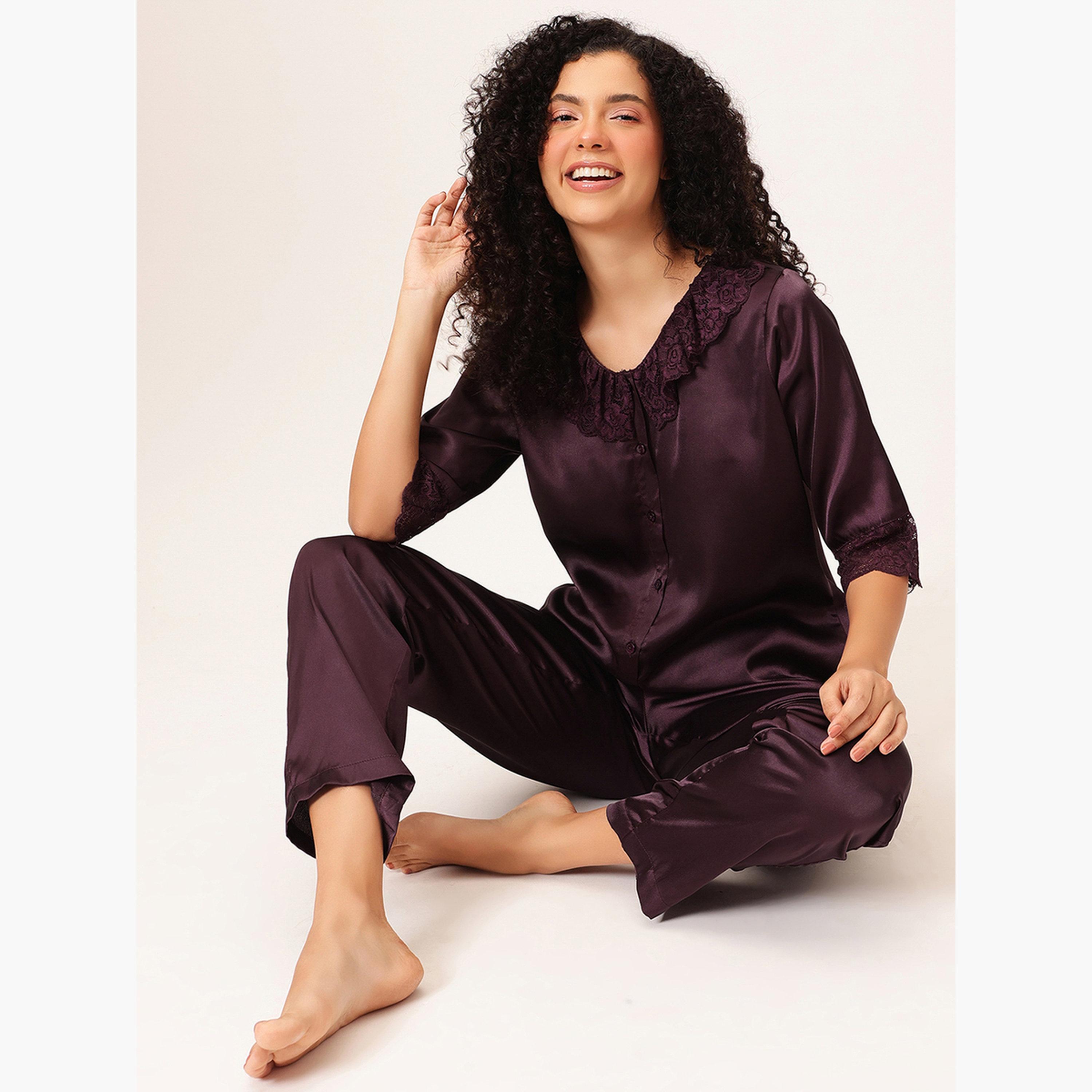 Clovia Satin Button Down Shirt and Pyjama Set-women-clothing-nightwear-pyjamas-longsets-image-2