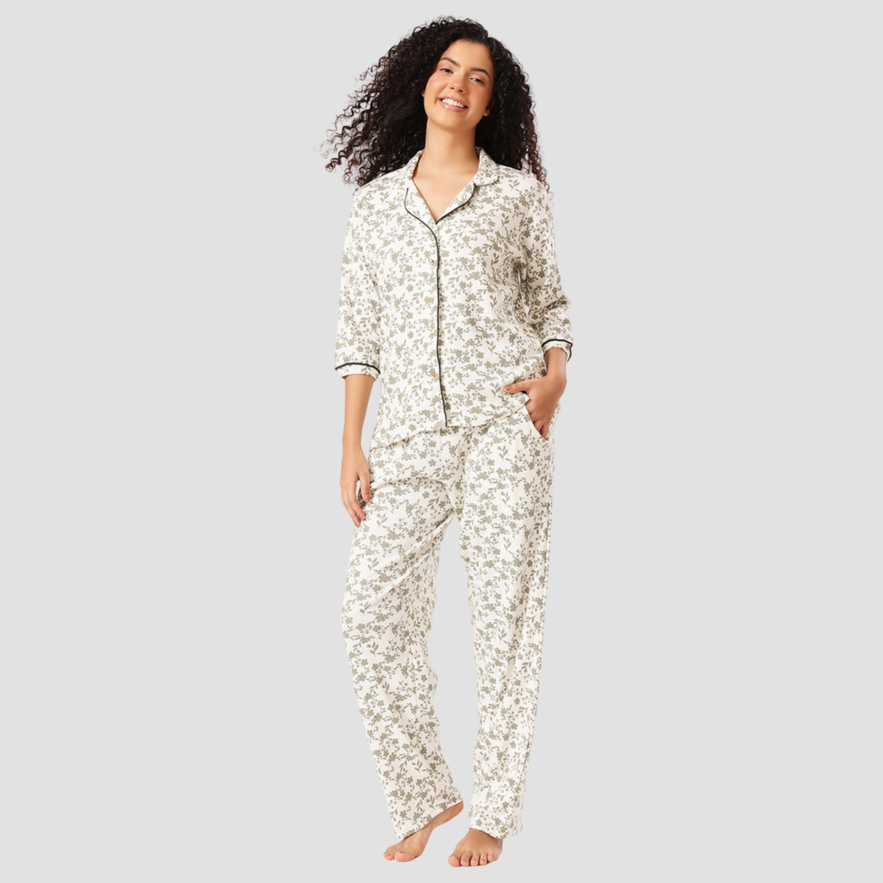 Clovia Floral Button-Down Shirt and Pyjama Set-women-clothing-nightwear-pyjamas-longsets-image-1