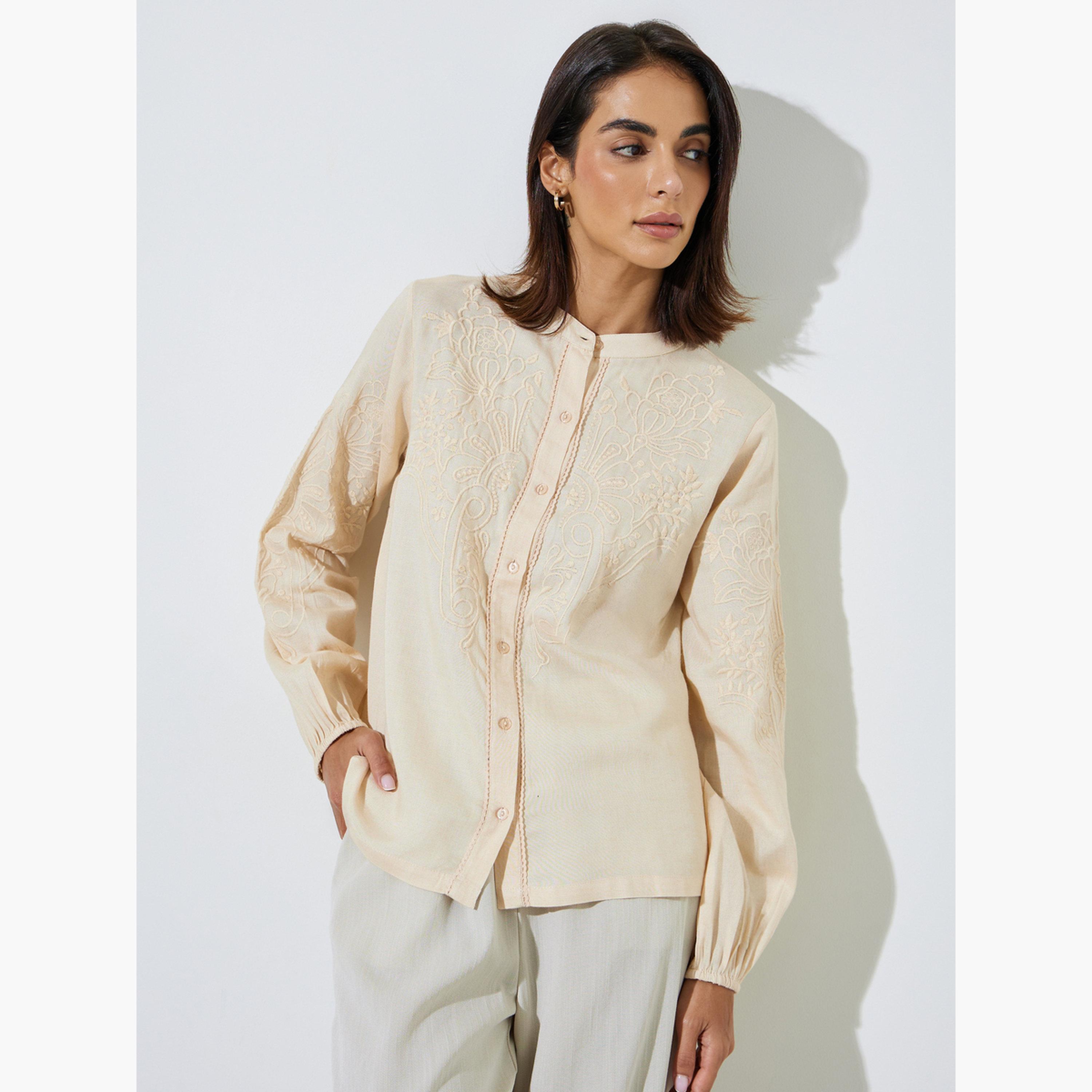 ستايلي - قميص بيج مطرز من القطن-women-clothing-shirtsandblouses-shirts-image-1