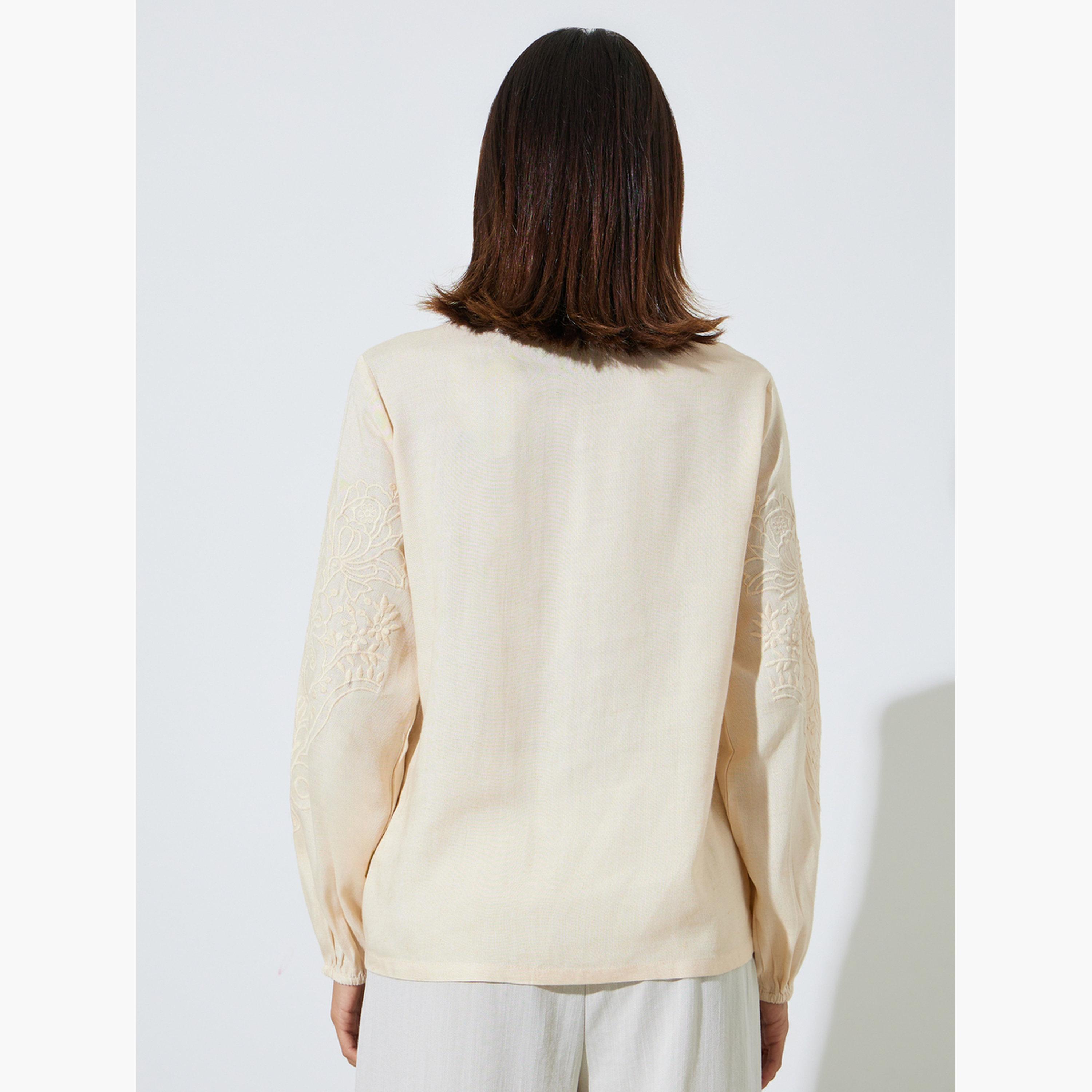 ستايلي - قميص بيج مطرز من القطن-women-clothing-shirtsandblouses-shirts-image-3