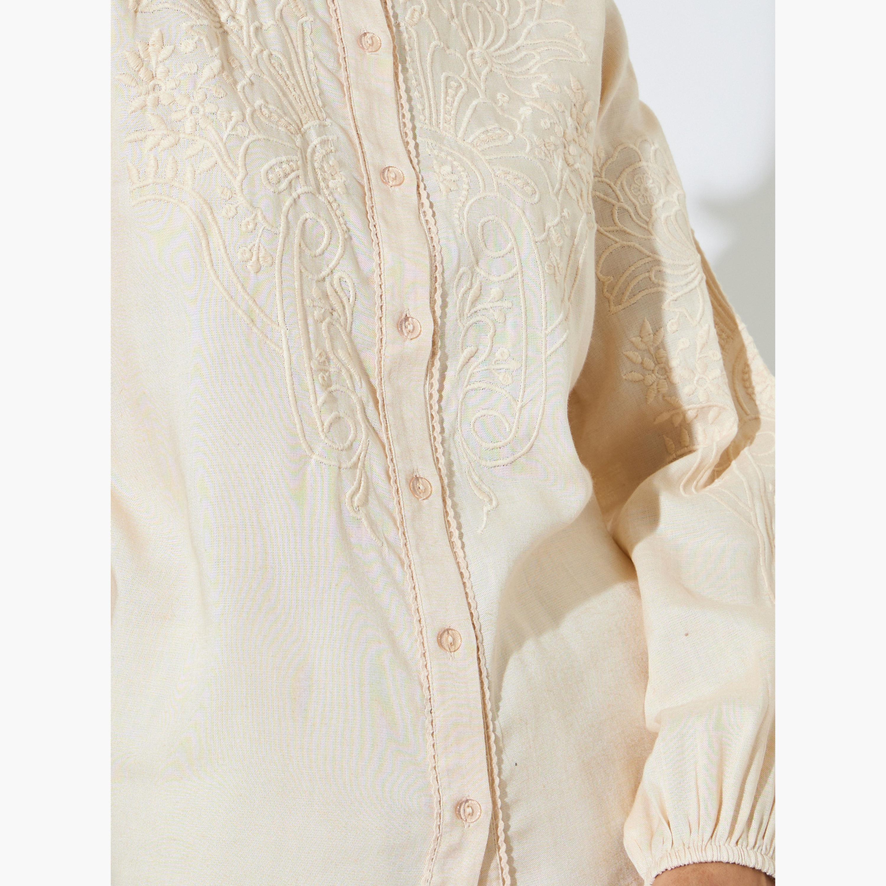ستايلي - قميص بيج مطرز من القطن-women-clothing-shirtsandblouses-shirts-image-4