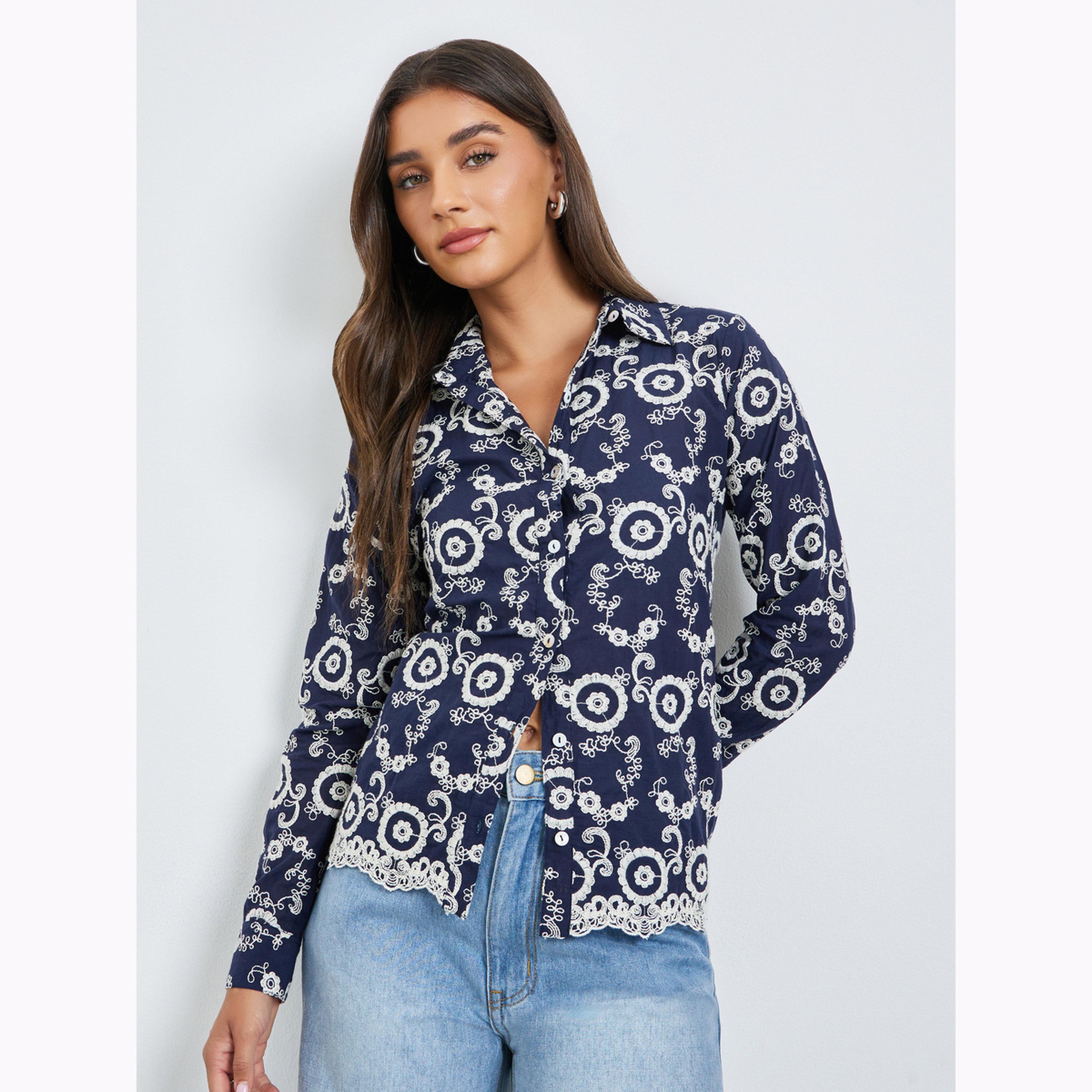 Styli Navy Blue Regular Fit Embroidered Shirt-women-clothing-shirtsandblouses-shirts-image-1