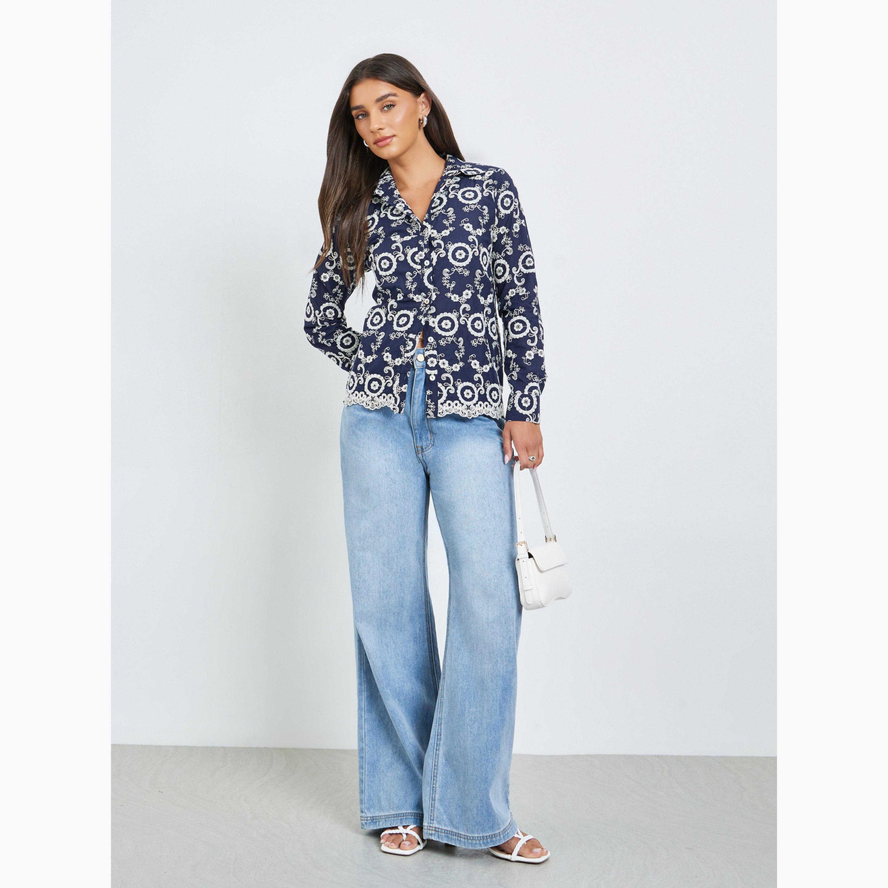 Styli Navy Blue Regular Fit Embroidered Shirt-women-clothing-shirtsandblouses-shirts-image-2