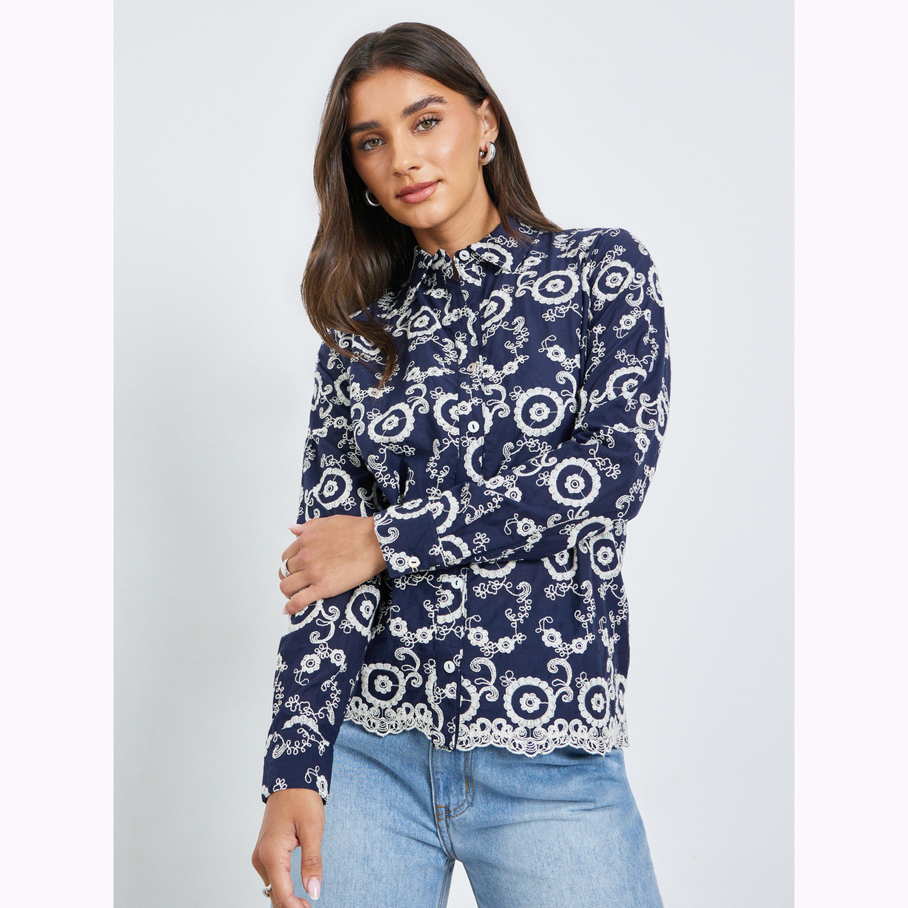 Styli Navy Blue Regular Fit Embroidered Shirt-women-clothing-shirtsandblouses-shirts-image-3