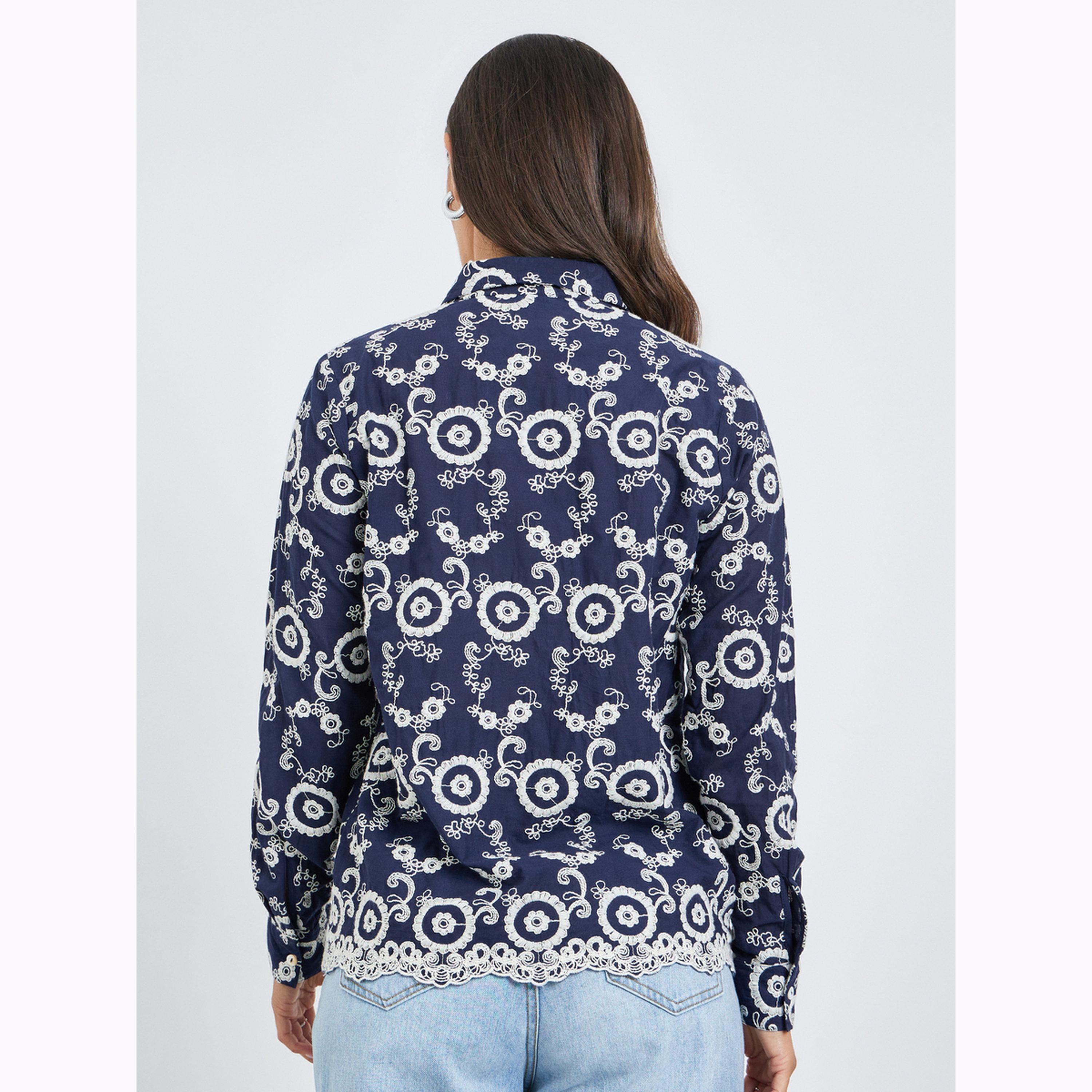 Styli Navy Blue Regular Fit Embroidered Shirt-women-clothing-shirtsandblouses-shirts-image-4