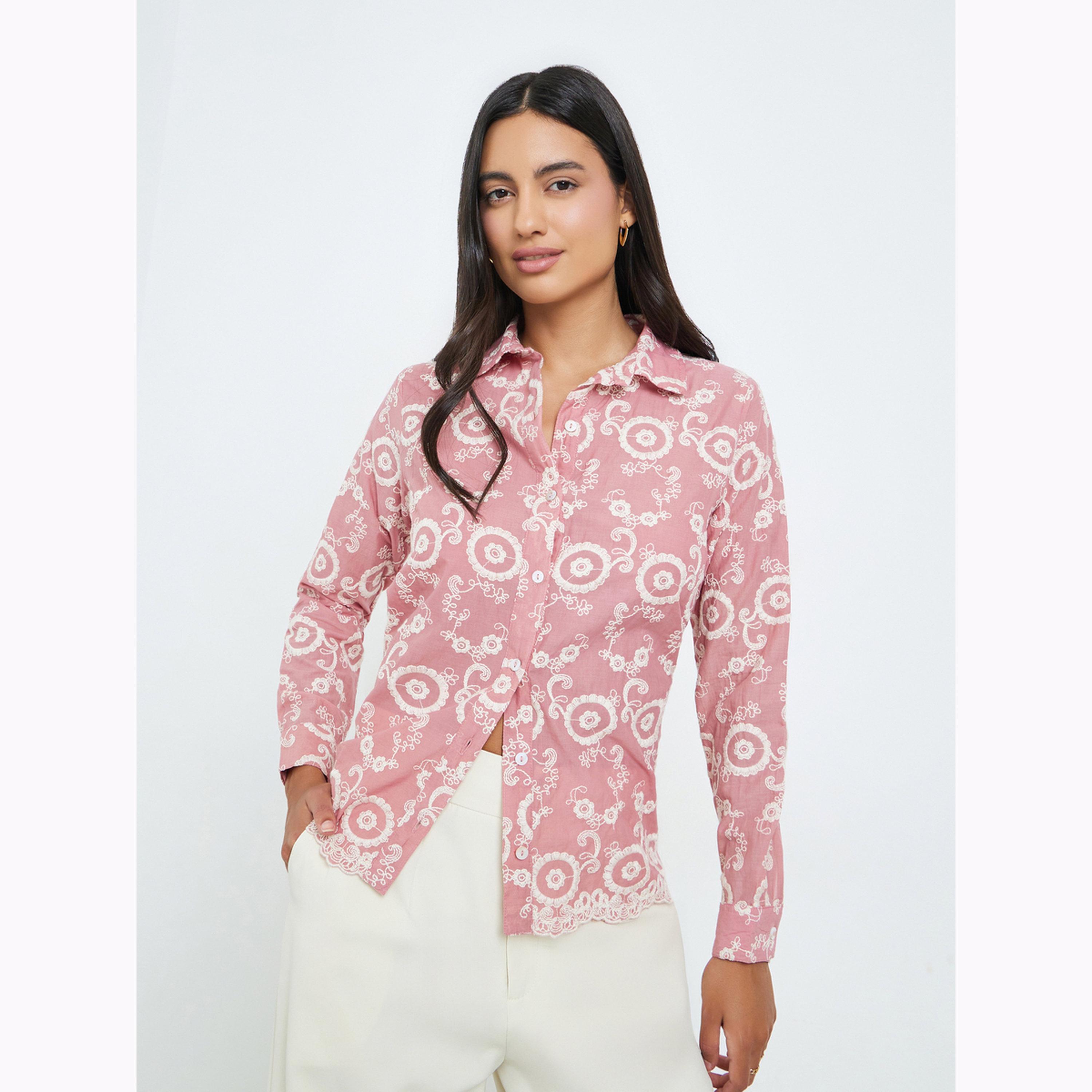 Styli Pink Embroidered Cotton Regular Fit Shirt-women-clothing-shirtsandblouses-shirts-image-1