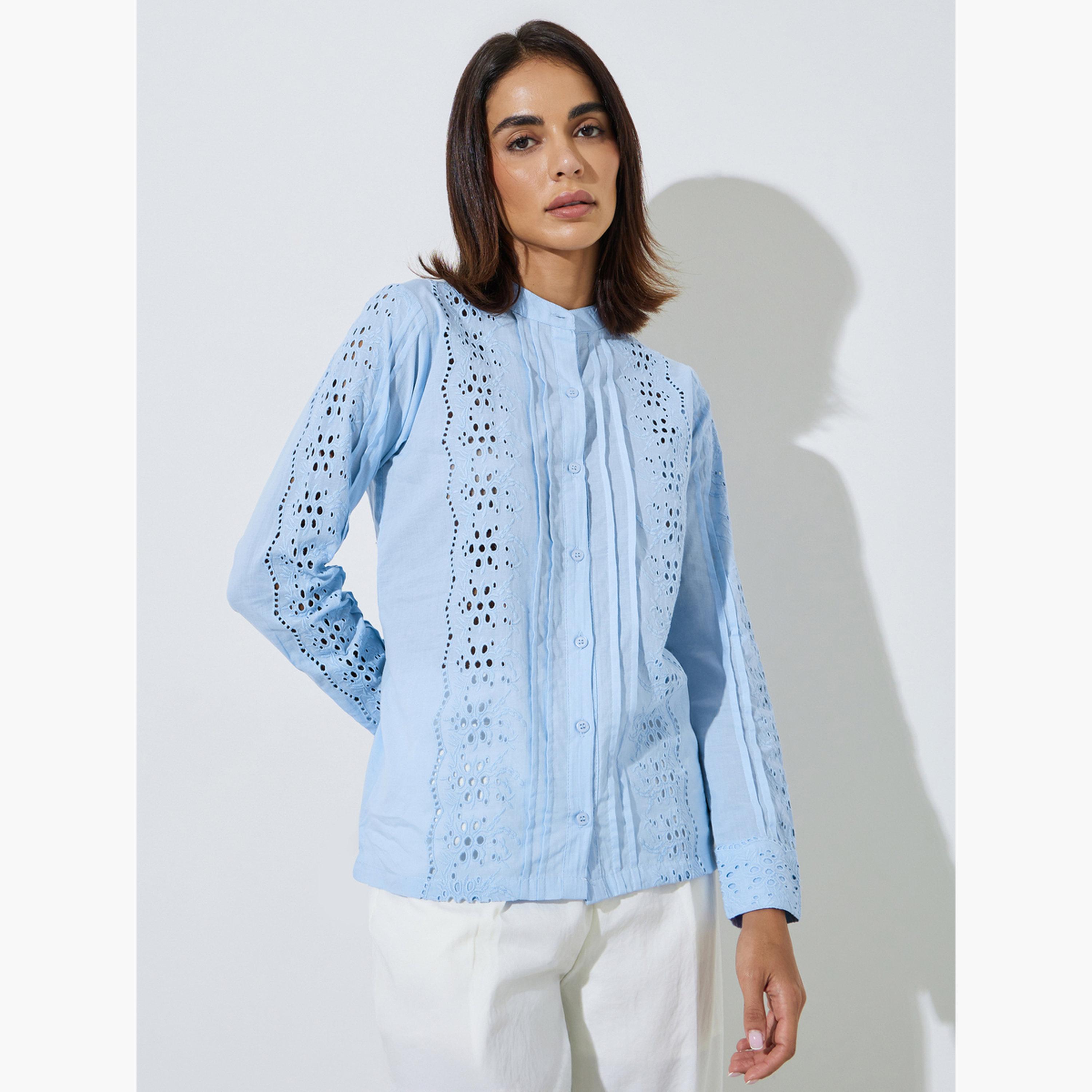 ستايلي - بلوزة زرقاء بأكمام طويلة من القطن الشيفلي-women-clothing-shirtsandblouses-blouses-image-1