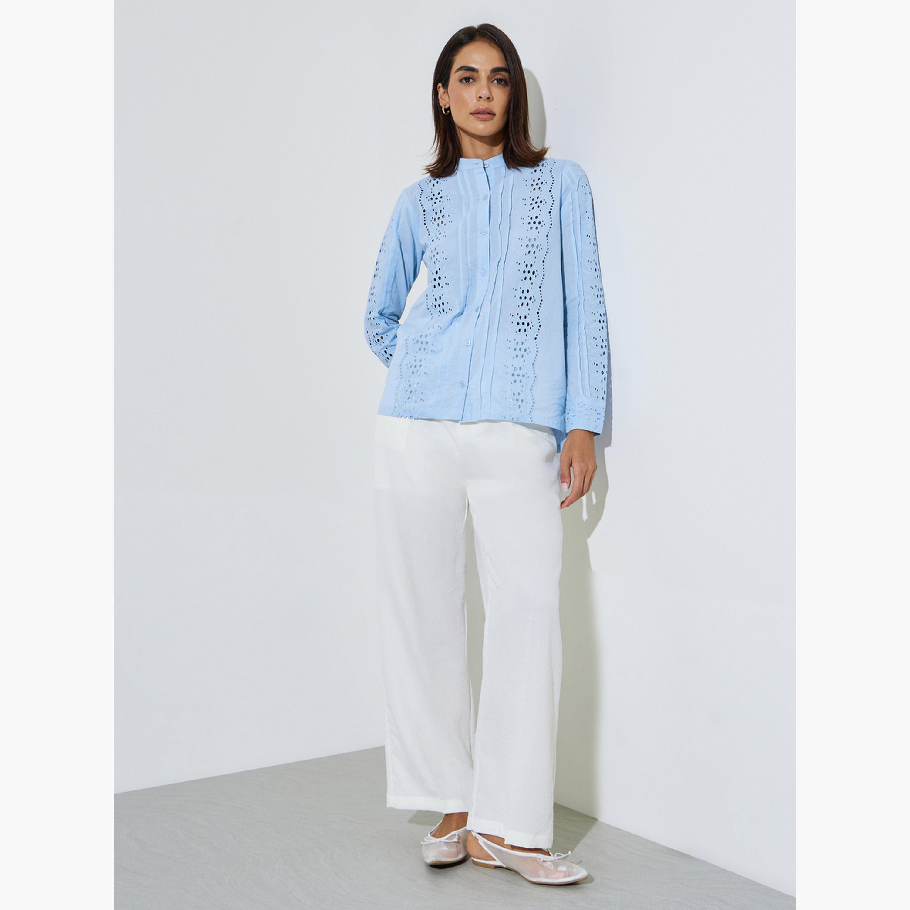 ستايلي - بلوزة زرقاء بأكمام طويلة من القطن الشيفلي-women-clothing-shirtsandblouses-blouses-image-2