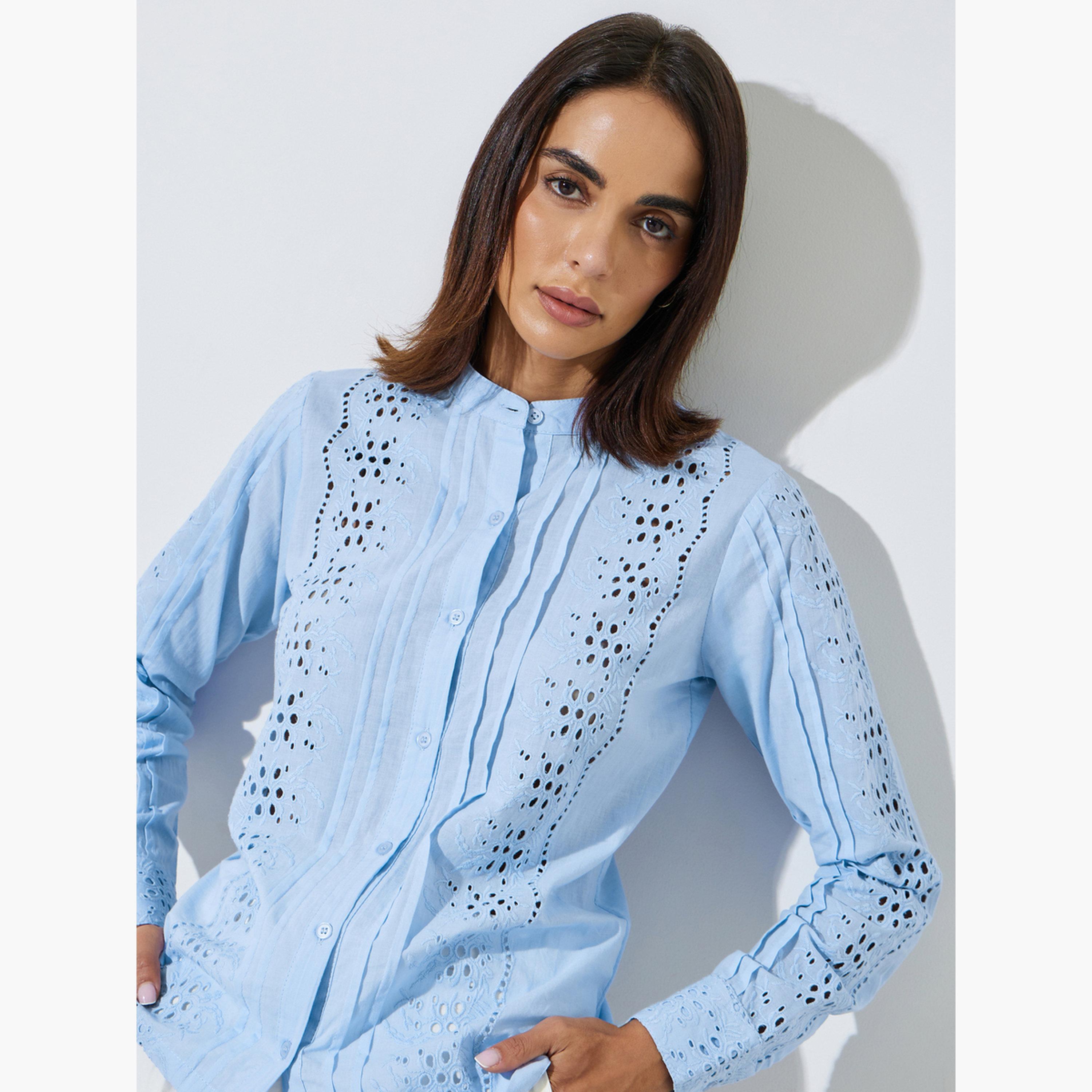 ستايلي - بلوزة زرقاء بأكمام طويلة من القطن الشيفلي-women-clothing-shirtsandblouses-blouses-image-3