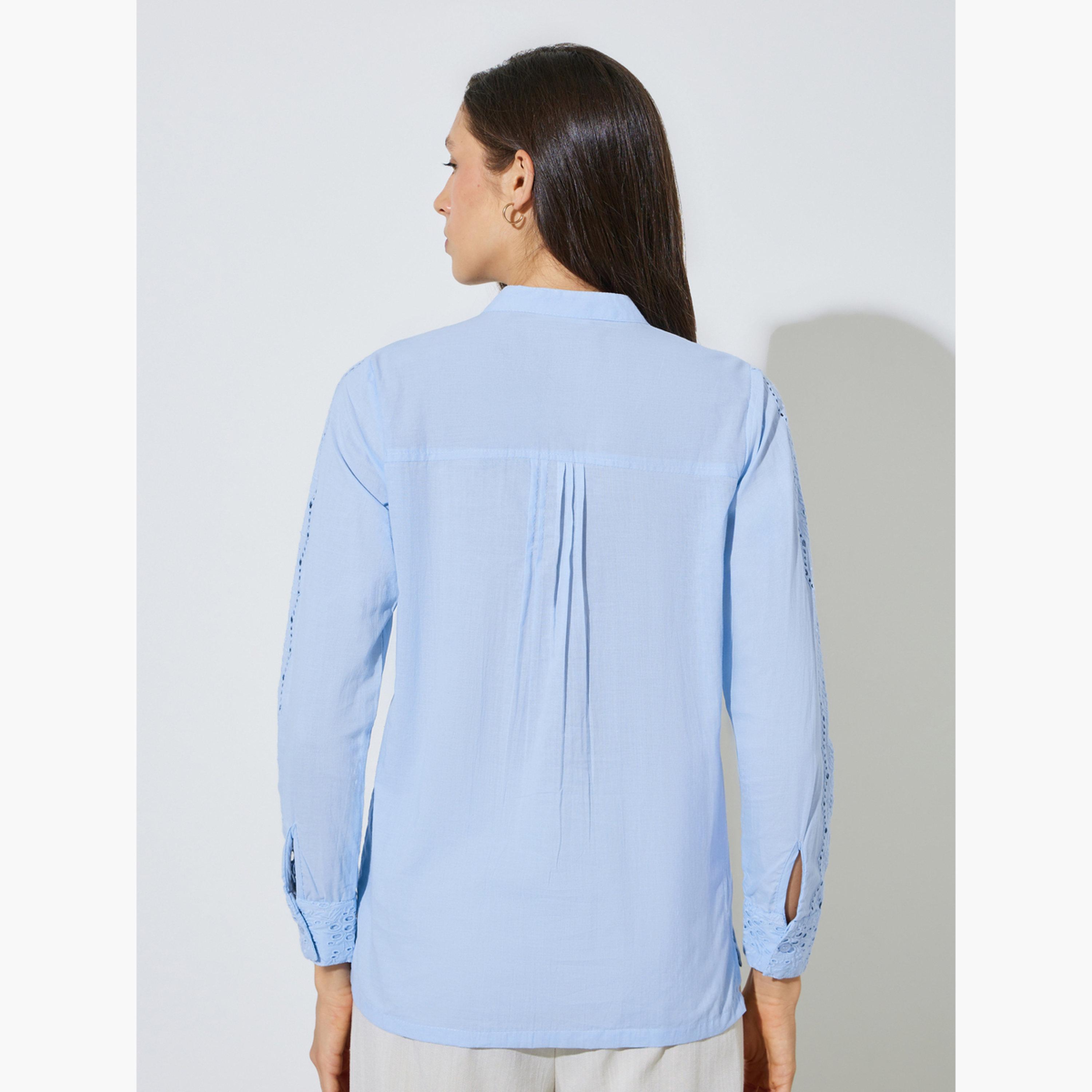 ستايلي - بلوزة زرقاء بأكمام طويلة من القطن الشيفلي-women-clothing-shirtsandblouses-blouses-image-4